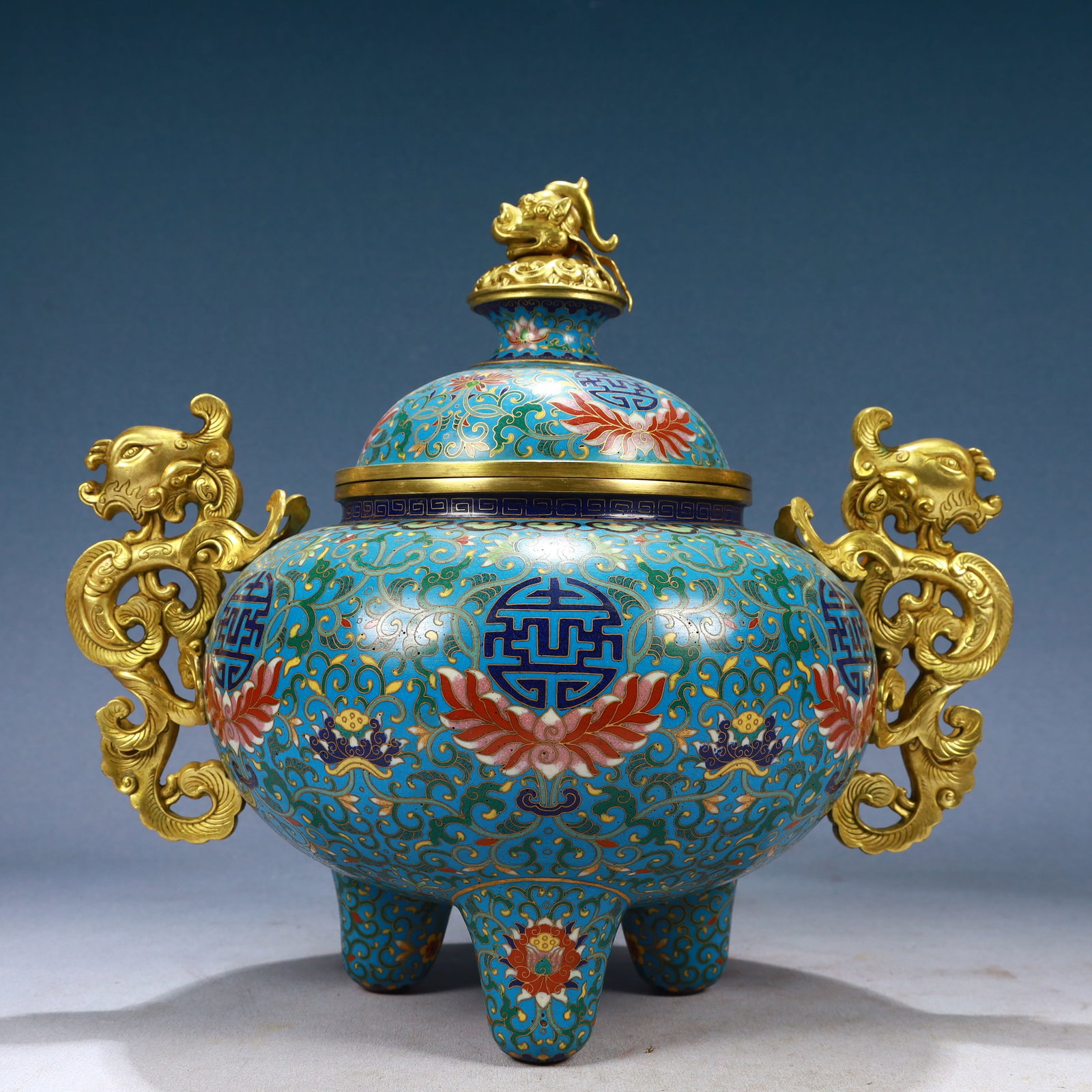 A Rare Cloisonne Lotus Pattern Dragon-Ears Tripod Censer: A Rare Cloisonne Lotus Pattern Dragon-Ears Tripod Censer,Qing Dynasty, China,Qianlong Four-character Mark,Size:12.6inx8.3inx11in,Weight:3400g 景泰蓝缠枝莲纹&#