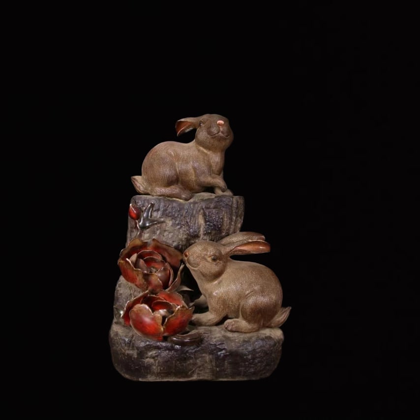 An Exquisite Shiwan yao Rabbit Ornament: An Exquisite Shiwan yao Rabbit Ornament,Qing Dynasty, China,Size:8.7inx7.9inx12.2in 石湾窑兔子摆件,中国清代