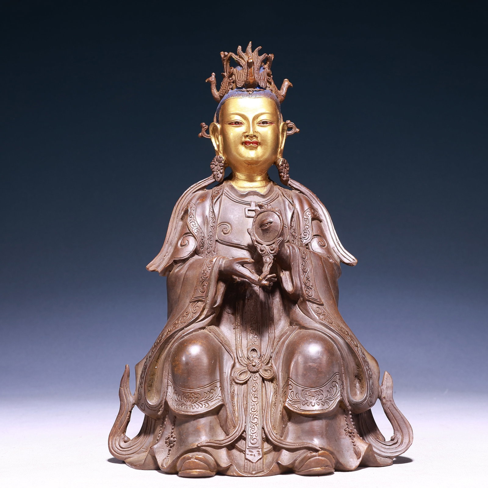 A Solemn Gilt Bronze Statue of Gautama’s Mother: A Solemn Gilt Bronze Statue of Gautama’s Mother,Qing Dynasty,China,Size:7.9inx5.1inx11.8in,Weight:2950g 铜鎏金佛母像,中国清代