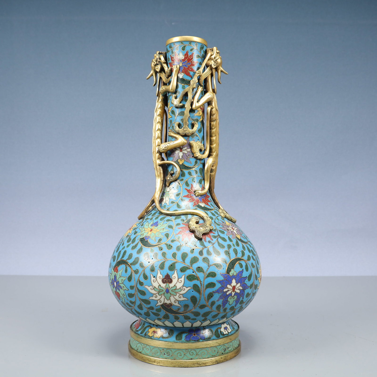 A Rare Cloisonne Lotus Pattern Dragon-Ears Vase: A Rare Cloisonne Lotus Pattern Dragon-Ears Vase,Ming Dynasty, China,Jingtai Six-character Mark,Size:14.8inx6.9inx3.7in,Weight:2300g 景泰蓝缠枝莲纹龙 