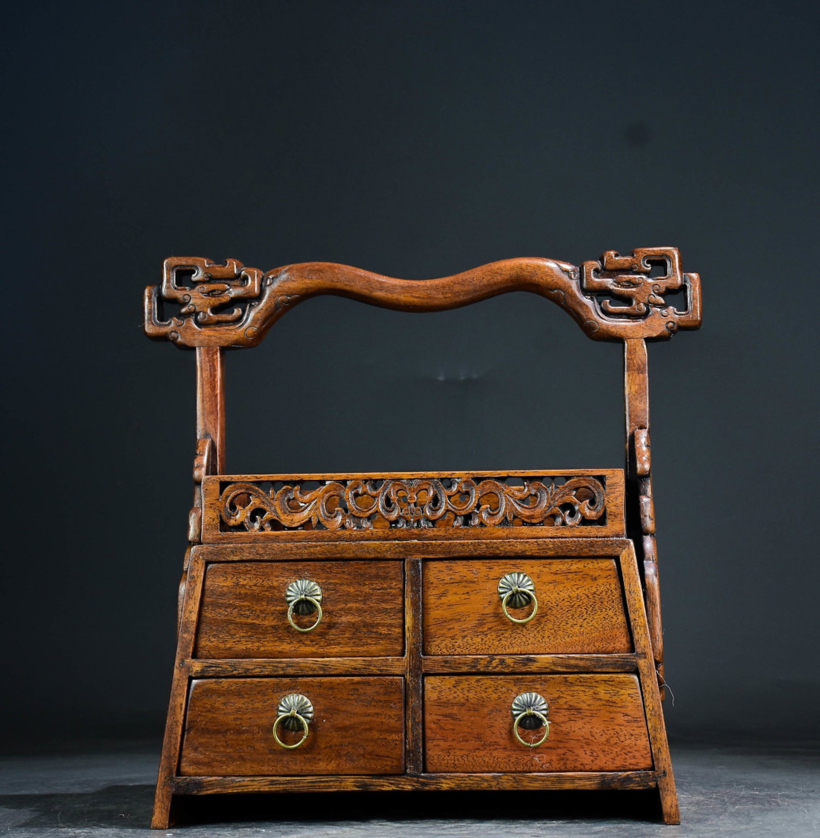 A Rare Huanghuali wood Carve Dragon Pattern Carrying Cabinet: A Rare Huanghuali wood Carve Dragon Pattern Carrying Cabinet,Qing Dynasty,China,Size:12.6inx12.6inx6.9in 黄花梨木雕刻龙纹提柜,中ࢲ