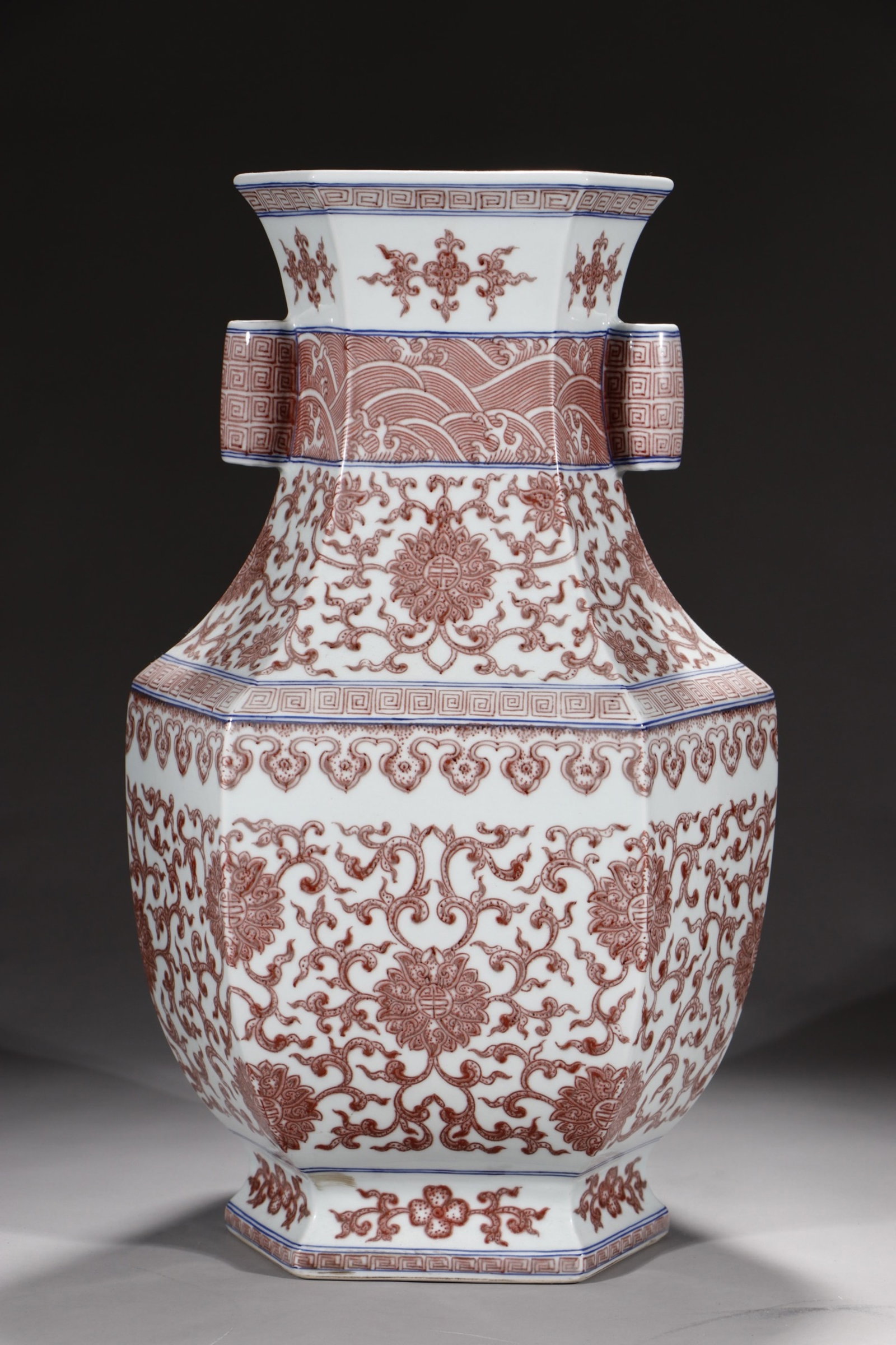 A Huge Underglaze-Red Lotus Pattern Double-Ears Vase: A Huge Underglaze-Red Lotus Pattern Double-Ears Vase,Qing Dynasty,China,Qianlong Six-character Mark,Size:19.5in 釉里红缠枝莲纹双耳瓶中