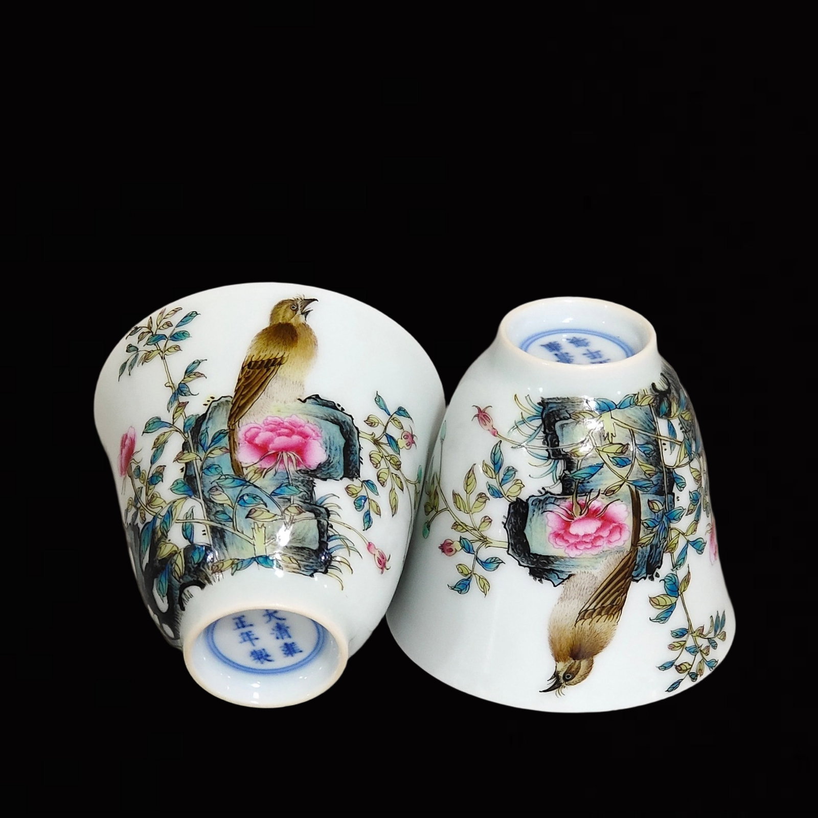 A Pair of Exquisite Famille-Rose Flower and Bird Pattern Cups,with poem: A Pair of Exquisite Famille-Rose Flower and Bird Pattern Cups,with poem,Qing Dynasty,China,Yongzheng Six-character Mark,Size:2.2inx2.5in 一对粉彩花鸟纹杯