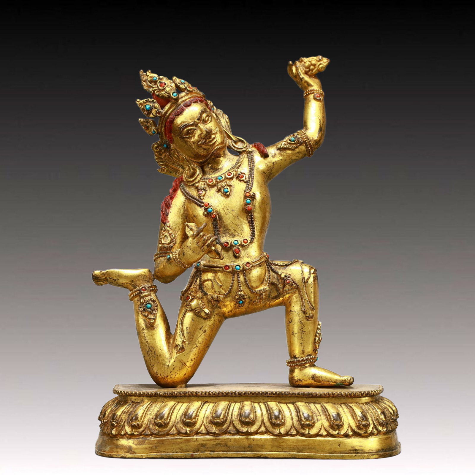 A Solemn Gilt Bronze Statue of Vajra: A Solemn Gilt Bronze Statue of Vajra,Ming Dynasty, China,Inlaid Turquoise,Size:7.9inx2.8inx10in,Weight:2450g
