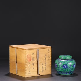 An Exquisite Green Ground Blue and White Lotus Pattern Jar with Cover