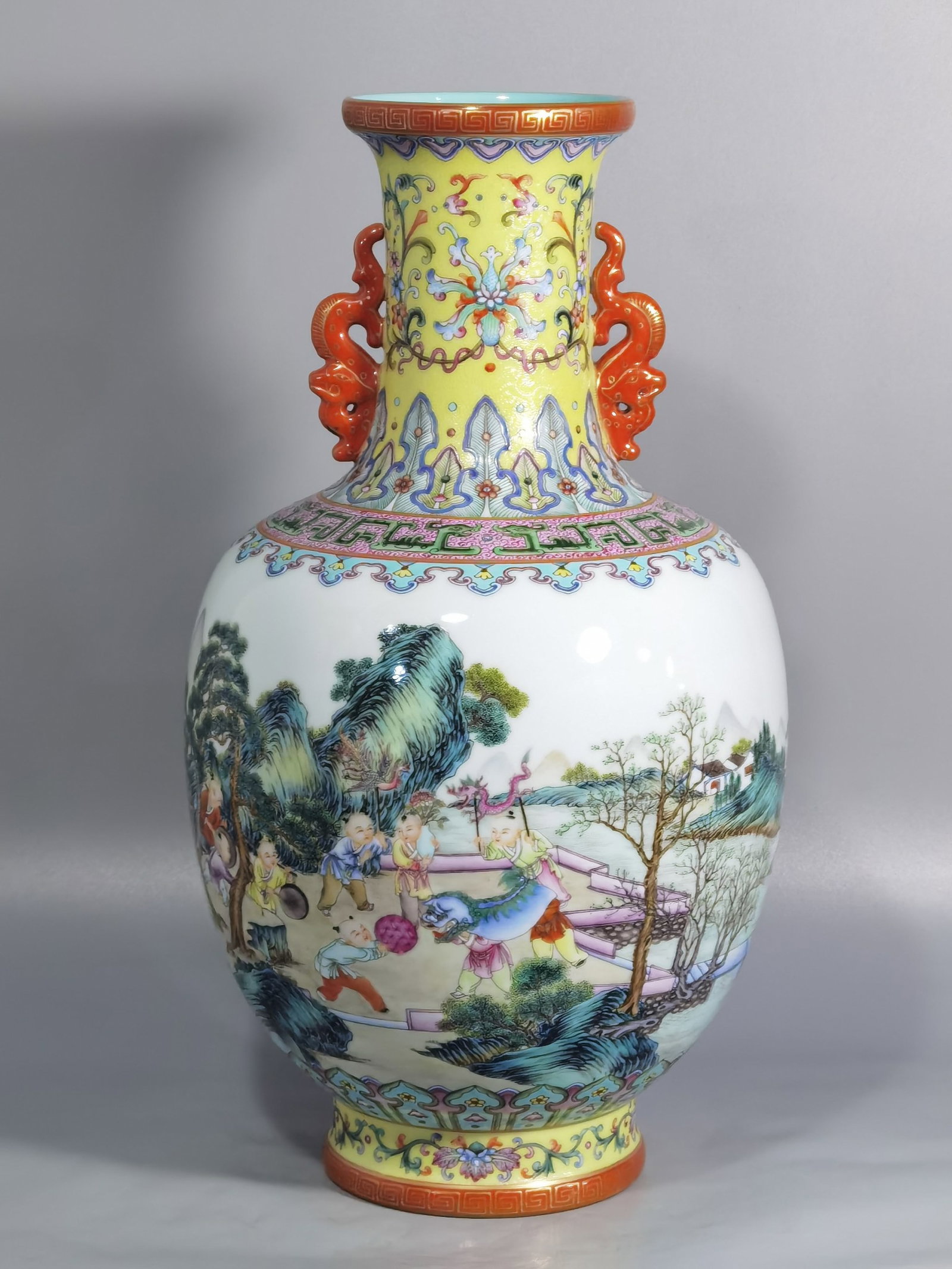 A Rare Yellow Ground Enamel Character and Story Pattern Double-Ears Vase: A Rare Yellow Ground Enamel Character and Story Pattern Double-Ears Vase,Qing Dynasty,China,Qianlong Six-character Mark,Size:15.2inx8.5in 黄地珐琅彩人物ਠ