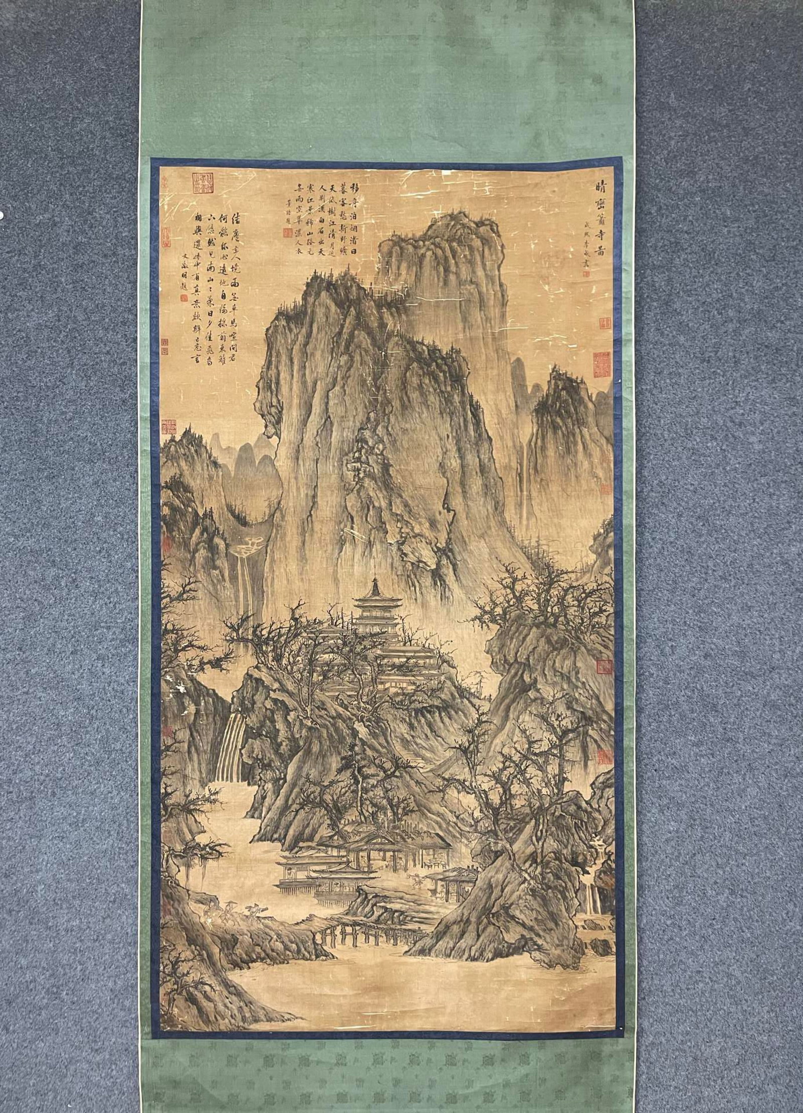 A Chinese Vertical Scroll Ink Painting of Landscape on Silk (1 of 9)