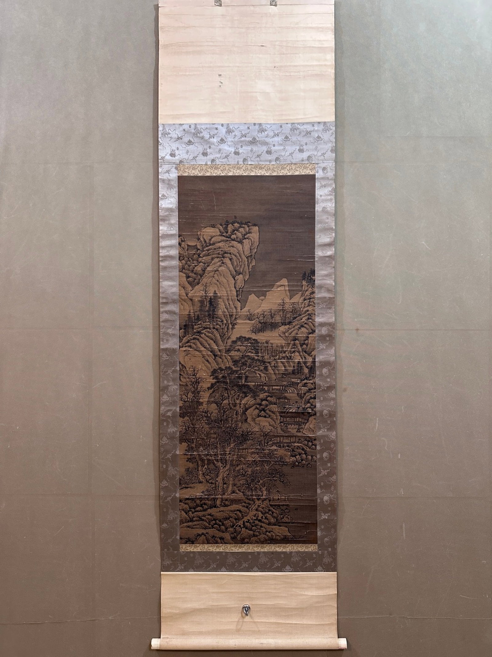 A Chinese Vertical Scroll Ink Painting of Landscape and Figure on Paper: A Chinese Vertical Scroll Ink Painting of Landscape and Figure on Paper,Dong Yuan,Size:16.1inx43.7in