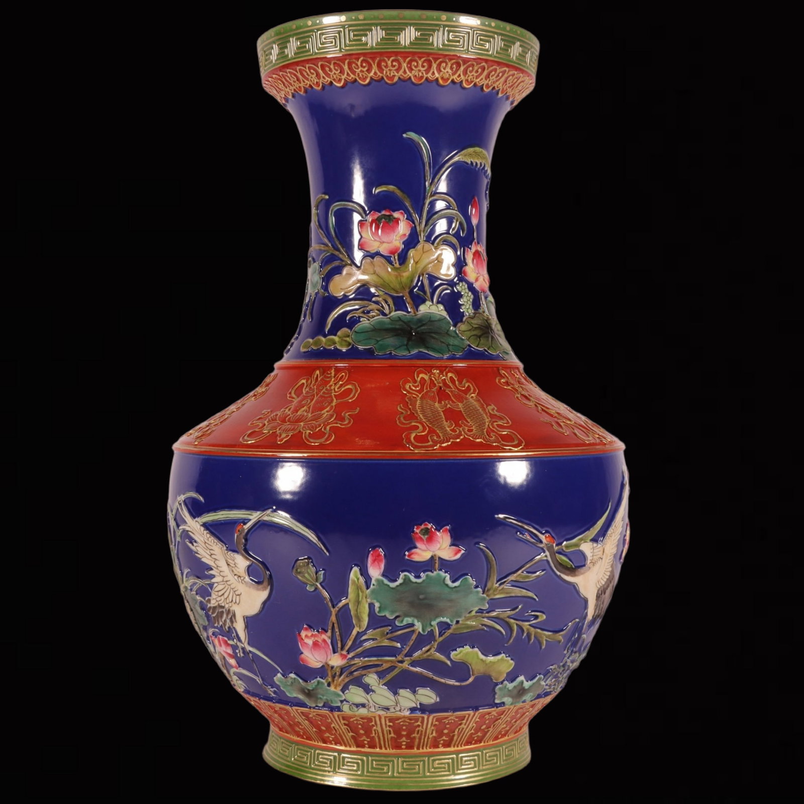An Exquisite Enamel Ji Blue Glazed Painted Gold Flower and Crane Pattern Vase: An Exquisite Enamel Ji Blue Glazed Painted Gold Flower and Crane Pattern Vase,Qing Dynasty,China,Qianlong Six-character Mark,Size:11.7inx7.1in