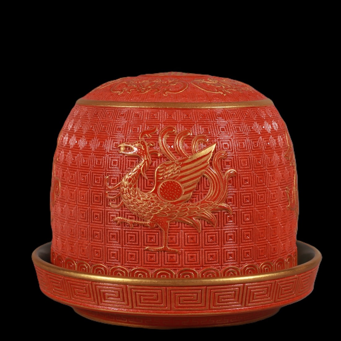 An Exquisite Iron-Red Painted Gold Auspicious Beast Pattern Ornament: An Exquisite Iron-Red Painted Gold Auspicious Beast Pattern Ornament,Qing Dynasty,China,Qianlong Six-character Mark,Size:3.5inx4.3in