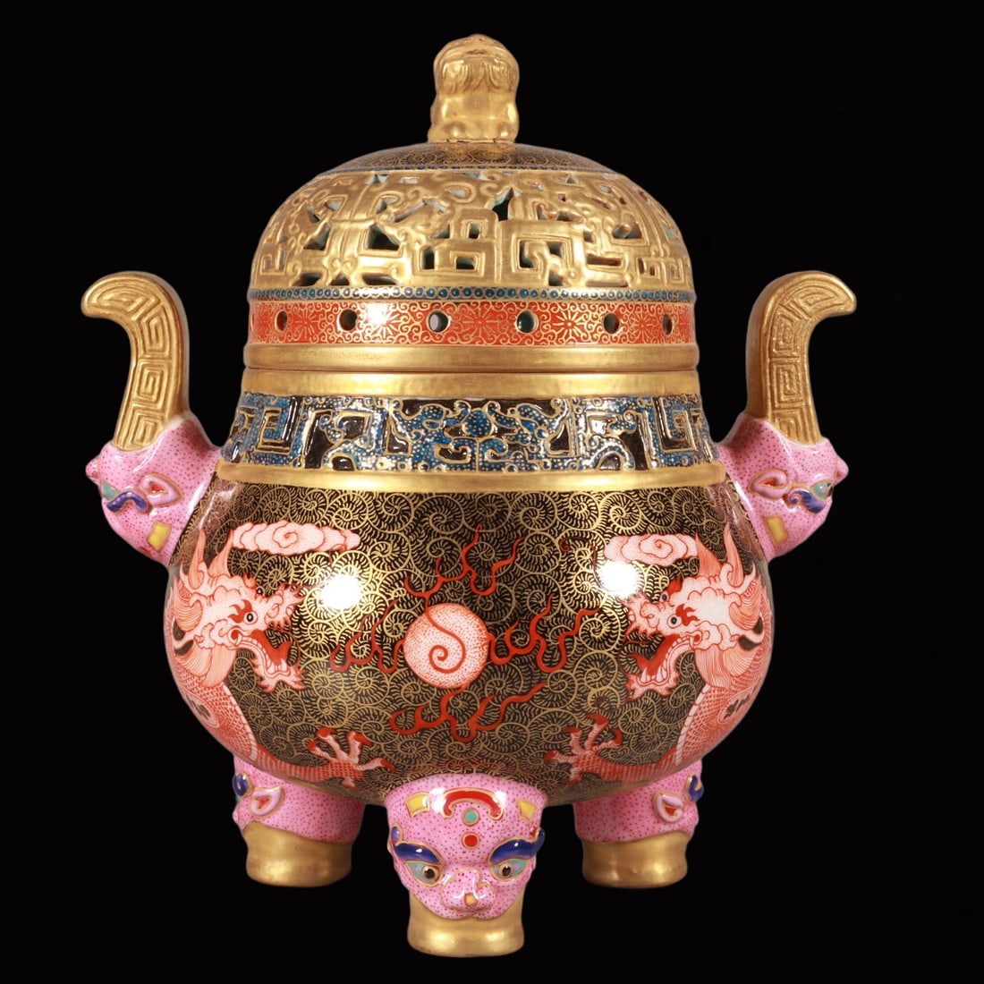 An Exquisite Enamel Painted Gold Auspicious Cloud and Dragon Pattern Double-Ears and Tripod Censer: An Exquisite Enamel Painted Gold Auspicious Cloud and Dragon Pattern Double-Ears and Tripod Censer,Qing Dynasty,China,Qianlong Six-character Mark,Size:7.9inx5.5in 珐琅彩描ŵ