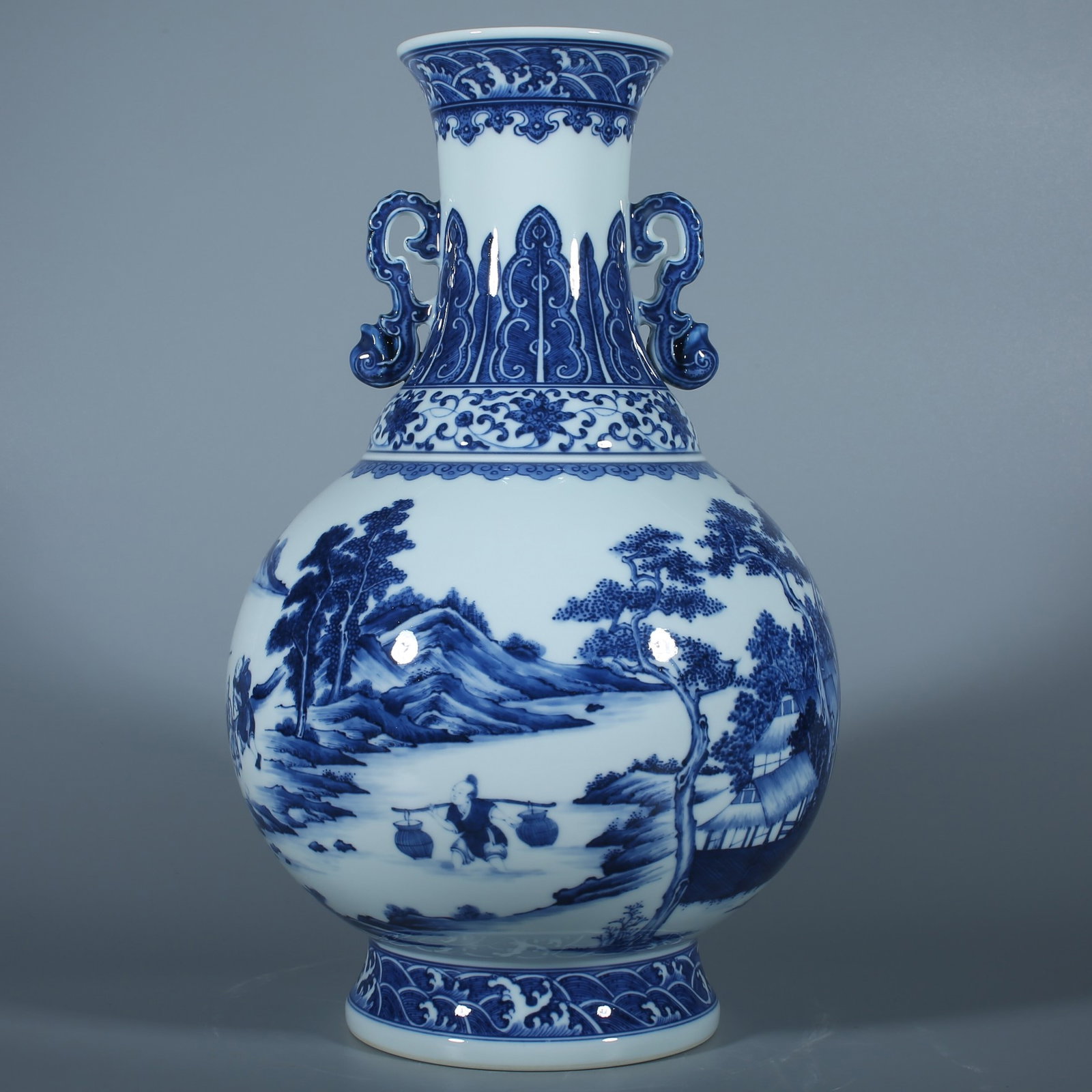 A Rare Blue and White Landscape and Figure Pattern Double-Ears Vase (1 of 9)