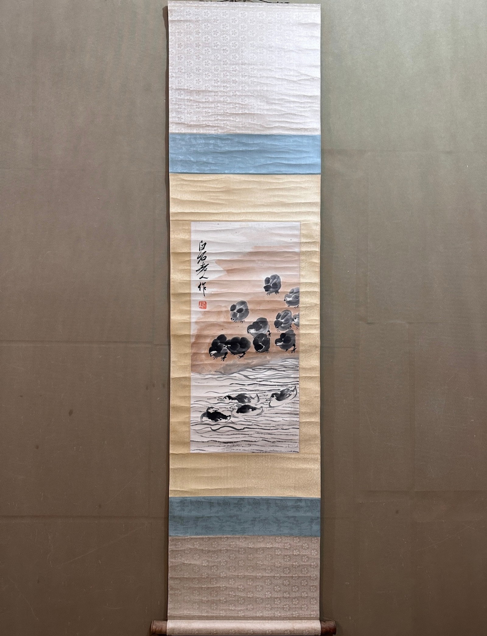 A Chinese Vertical Scroll Ink Painting of Rooster on Paper: A Chinese Vertical Scroll Ink Painting of Rooster on Paper,Qi Baishi,Size:13inx27.2in 一幅中国水墨鸡画立轴,齐白石