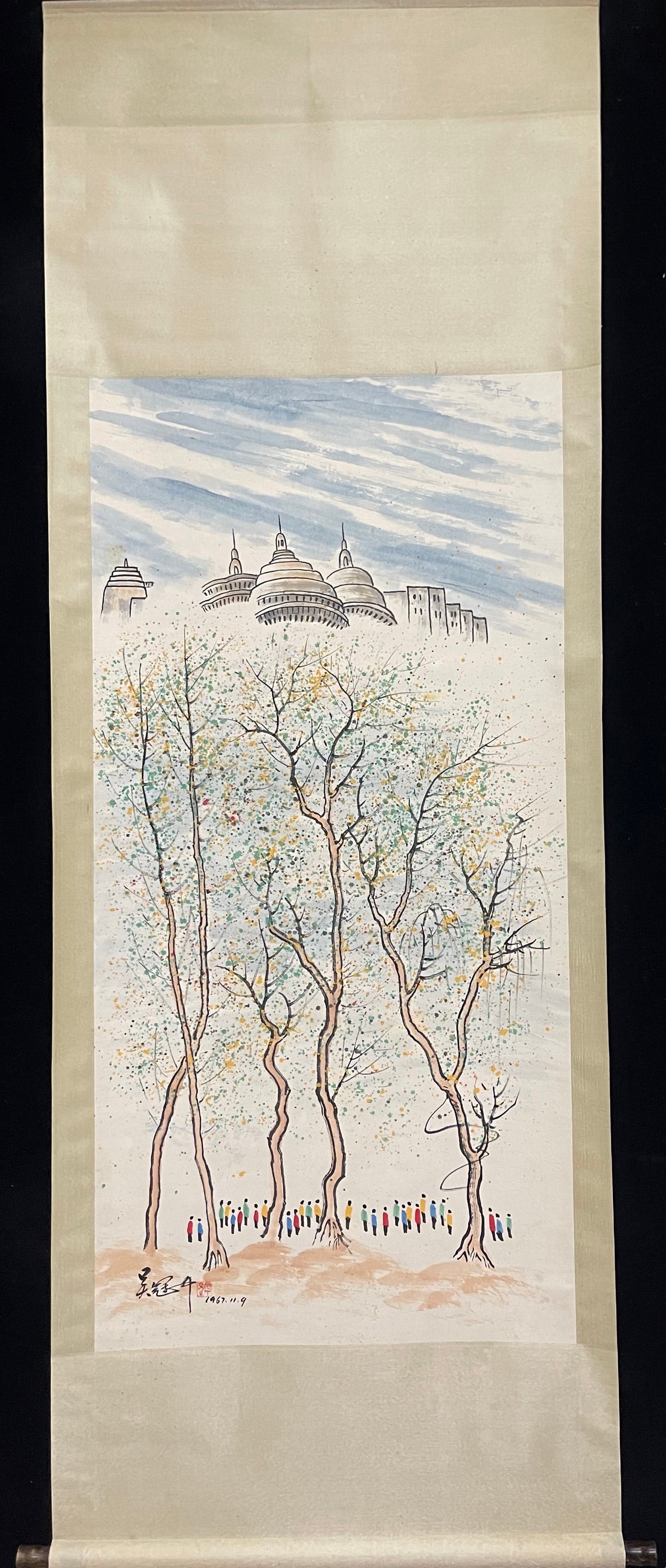 A Chinese Vertical Scroll Ink Painting of Landscape on Paper: A Chinese Vertical Scroll Ink Painting of Landscape on Paper,Wu Guanzhong,Size:26.8inx53.9in 一幅中国水墨山水画立轴,吴冠&#