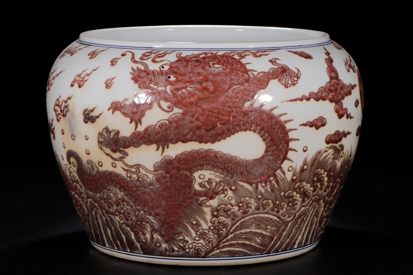 A Huge Underglaze-Red Seawater and Dragon Pattern Vat: A Huge Underglaze-Red Seawater and Dragon Pattern Vat,Qing Dynasty,China,Size:14inx16.1in 釉里红海水龙纹缸中国清