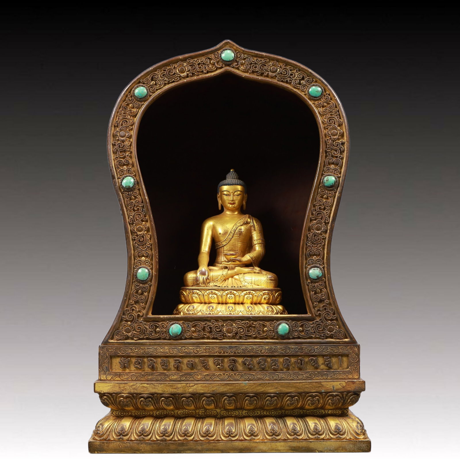 A Solemn Gilt Bronze Statue of Amitayus, Inlaid Gems, With Inscription: A Solemn Gilt Bronze Statue of Amitayus, Inlaid Gems, With Inscription, Qing Dynasty, China, Kangxi Mark, Size:9.6inx5.1inx14.6in, Weight:10850g 铜鎏金无量寿佛