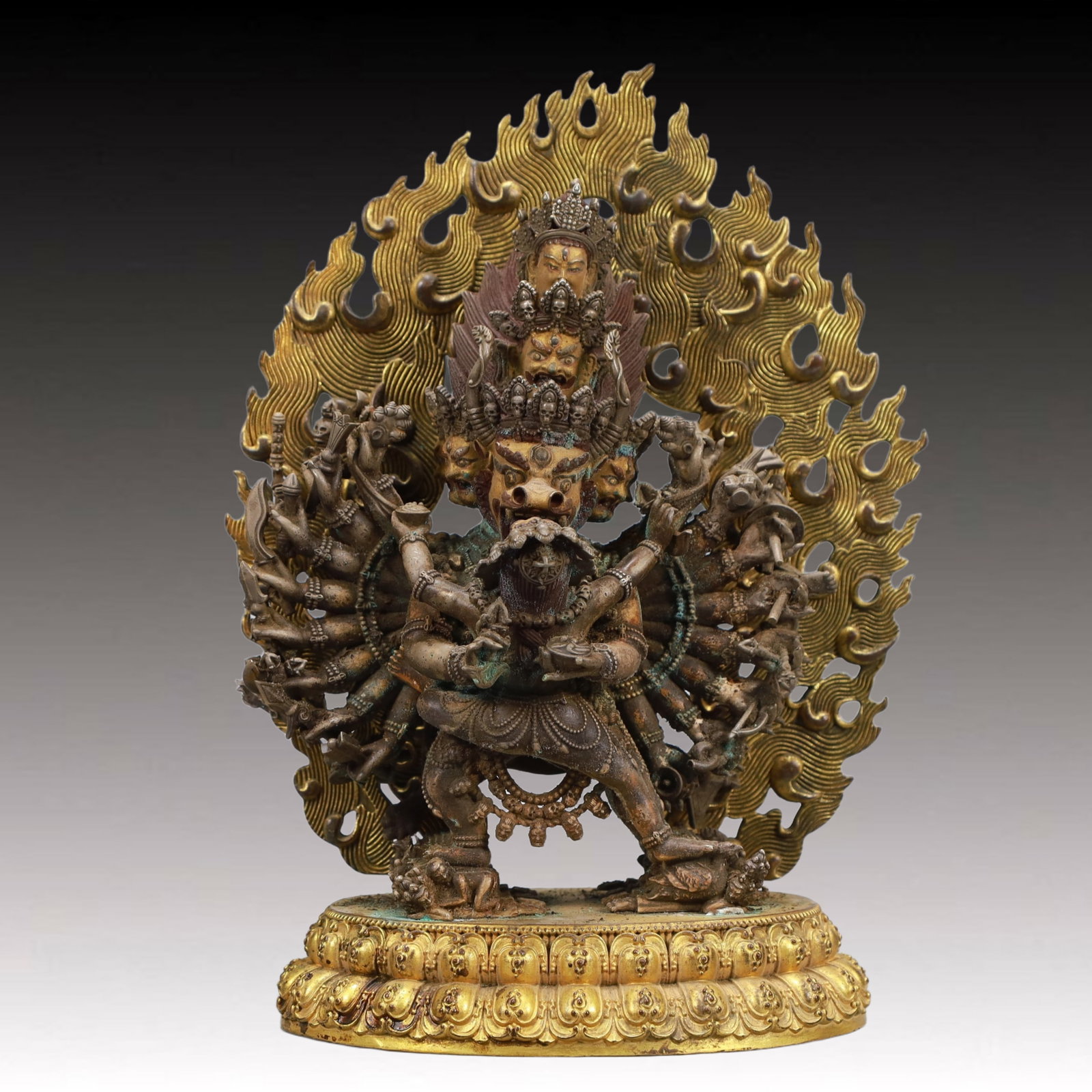 A Solemn Gilt Bronze Statue of Yamantaka: A Solemn Gilt Bronze Statue of Yamantaka,Ming Dynasty, China,Yongle Six-character Mark,Size:6.5inx3.9inx11in,Weight:3800g 铜鎏金大威德金刚像,È