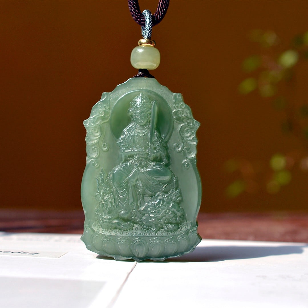 An Exquisite Greenish Jade Statue of Manjusri Pendant: An Exquisite Greenish Jade Statue of Manjusri Pendant,Size:1.3inx2in 青玉文殊菩萨像挂件