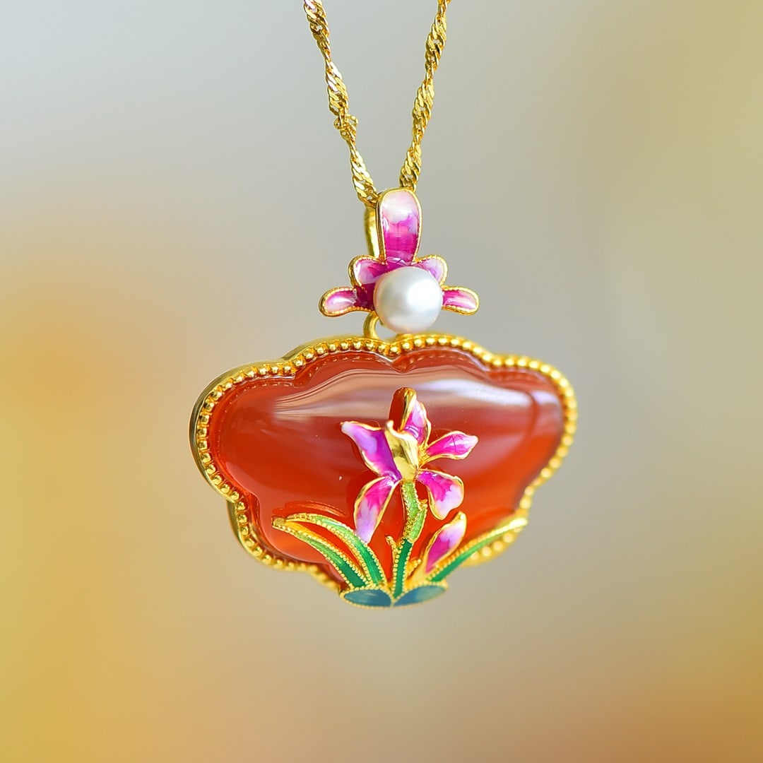 An Exquisite Sterling Silver-Gold Plated Inlaid Agate Pendant,Inlaid Pearls: An Exquisite Sterling Silver-Gold Plated Inlaid Agate Pendant,Inlaid Pearls,Size:0.7inx1in
