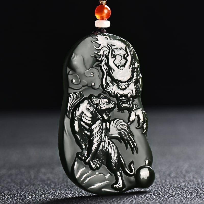 An Exquisite Cyan jade Tiger Pattern Pendant: An Exquisite Cyan jade Tiger Pattern Pendant,Size:2.4inx1.5inx0.3in 青玉虎纹挂件
