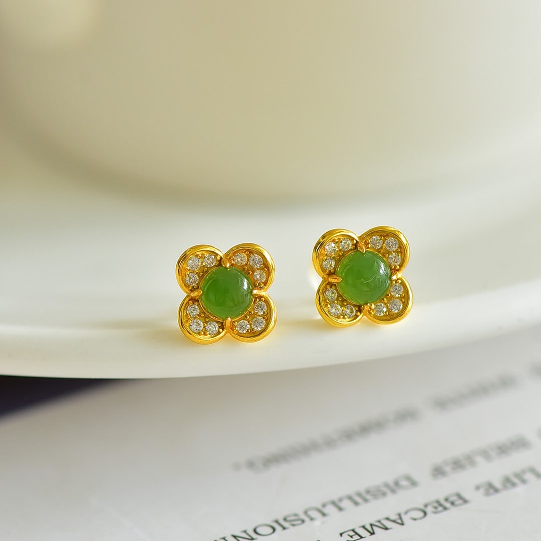A Pair of Exquisite Sterling Silver-Gold Plated Inlaid Jasper Earrings,Inlaid Diamond: A Pair of Exquisite Sterling Silver-Gold Plated Inlaid Jasper Earrings,Inlaid Diamond,Size:0.2inx0.2in