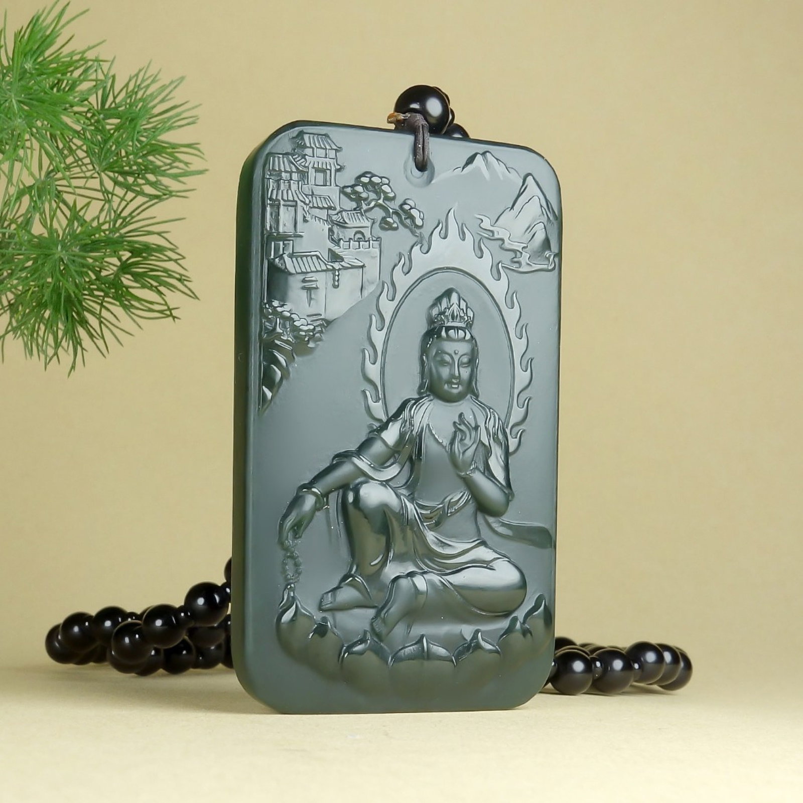 An Exquisite Greenish Jade Statue of Avalokitesvara Pendant - 2