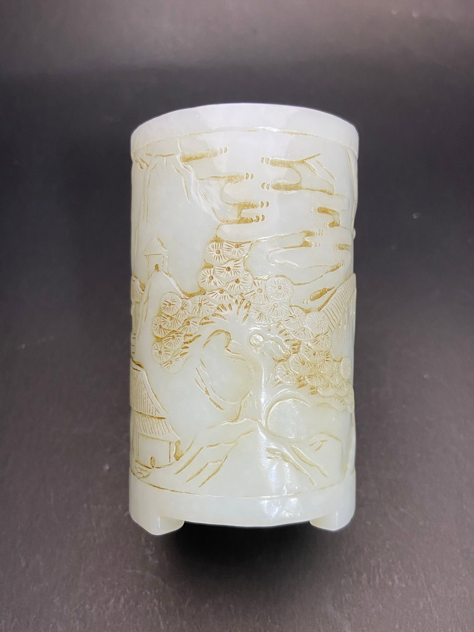 An Exquisite White Jade Landscape and Figure Pattern Tripod Brush Pot - 2