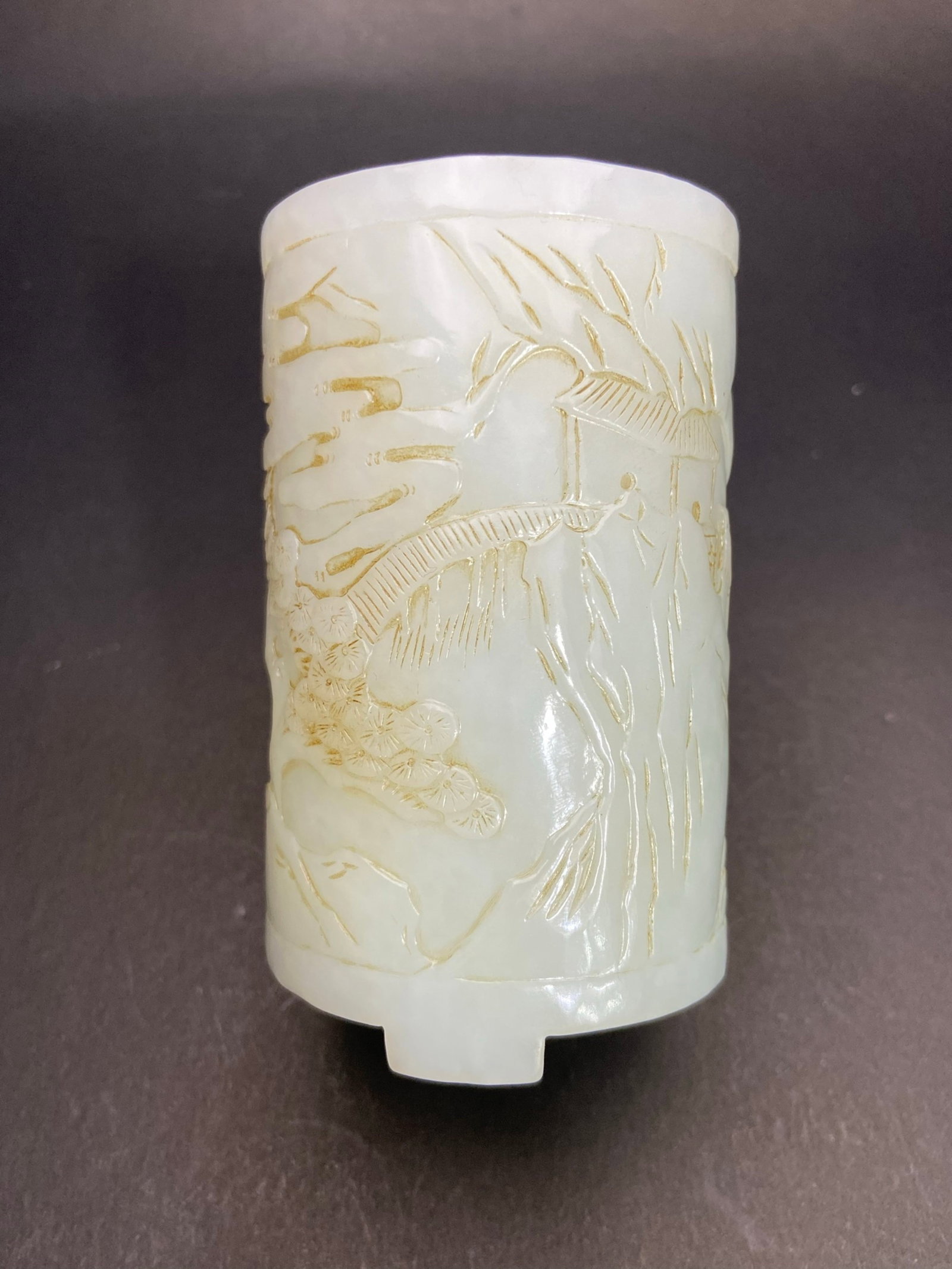 An Exquisite White Jade Landscape and Figure Pattern Tripod Brush Pot - 3