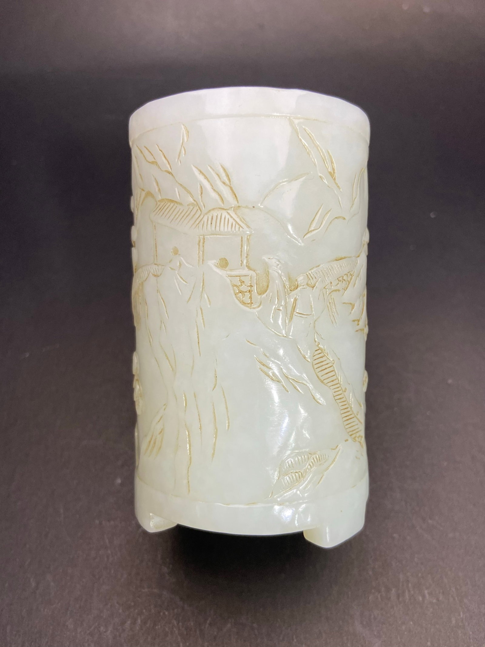 An Exquisite White Jade Landscape and Figure Pattern Tripod Brush Pot - 4
