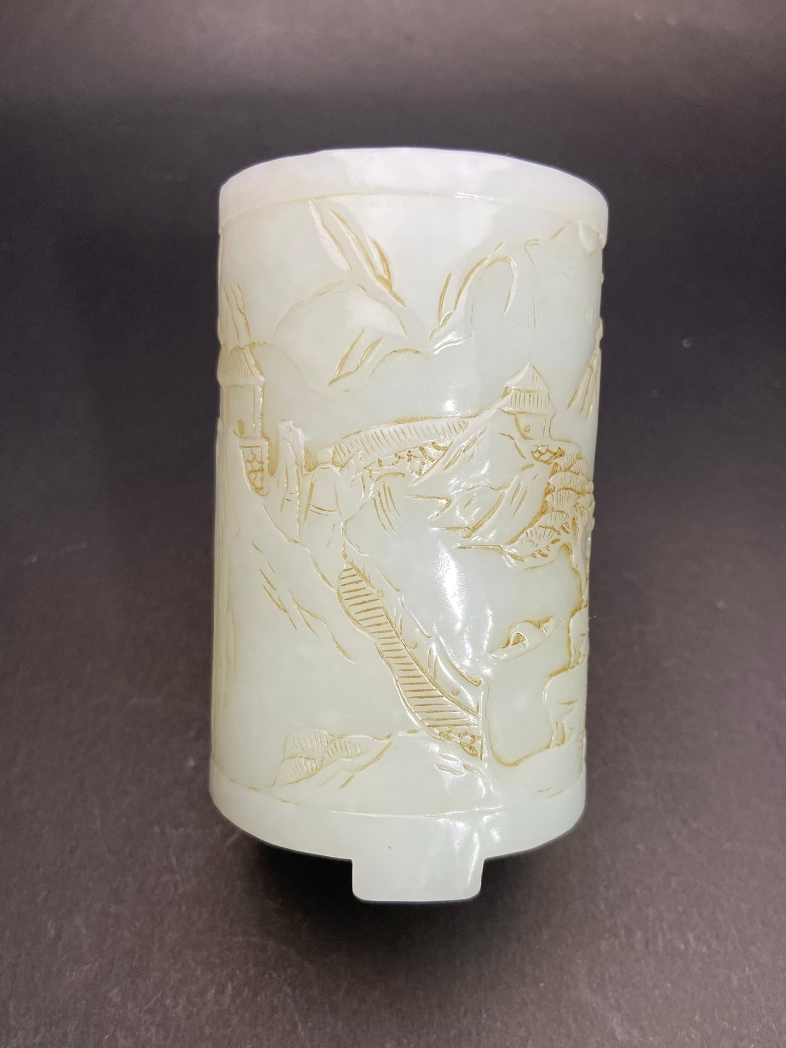 An Exquisite White Jade Landscape and Figure Pattern Tripod Brush Pot - 5