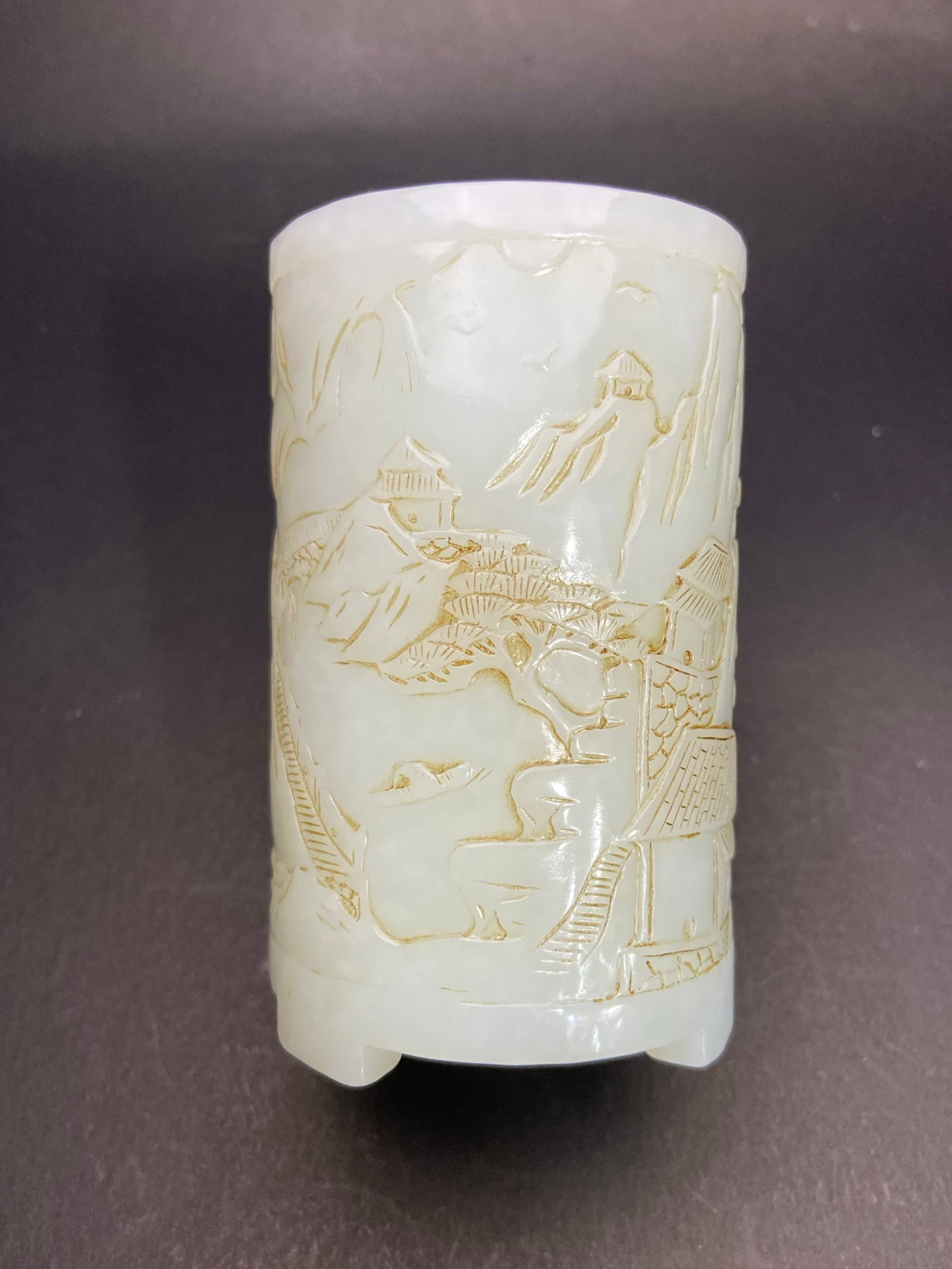An Exquisite White Jade Landscape and Figure Pattern Tripod Brush Pot - 6