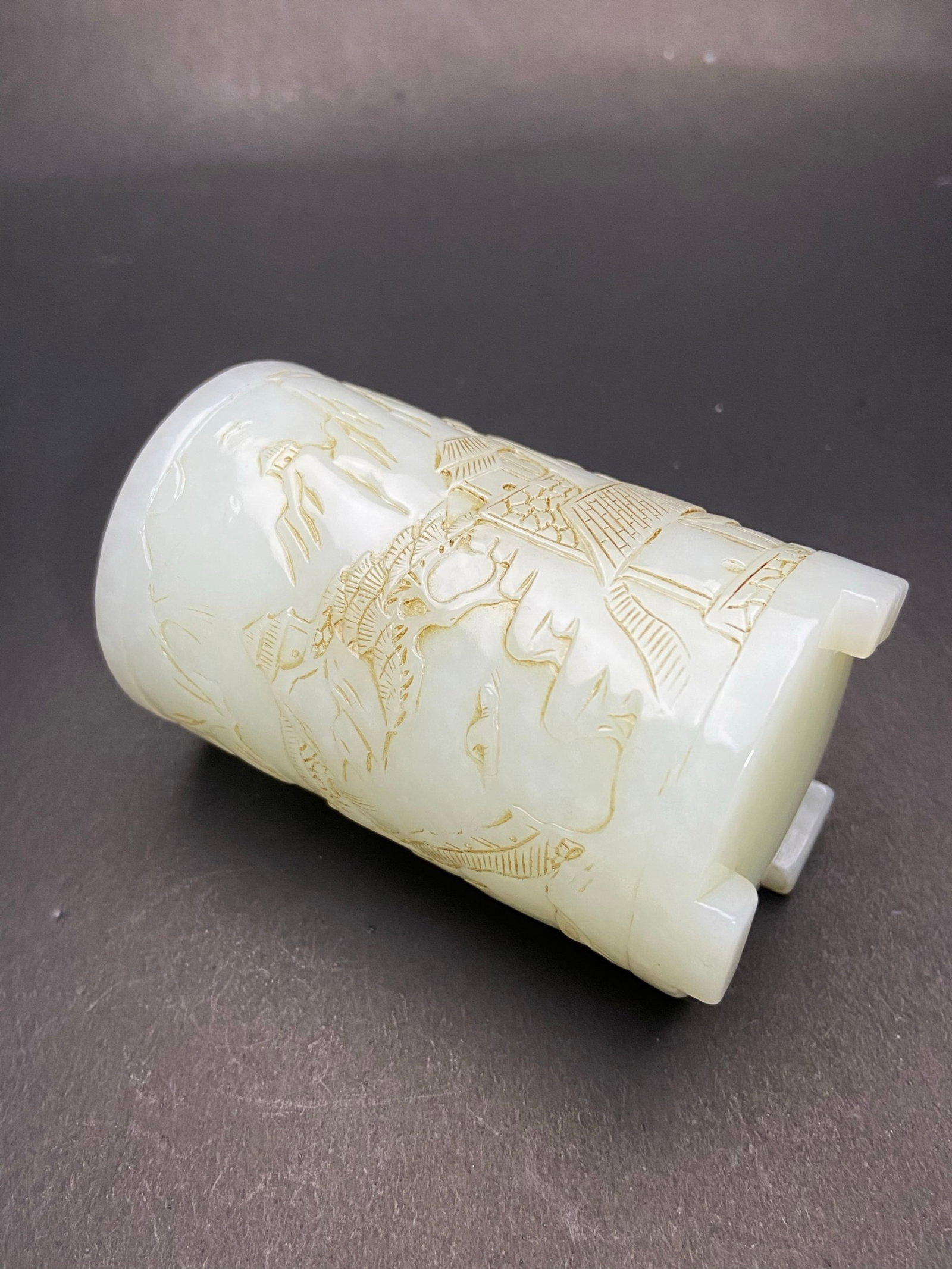 An Exquisite White Jade Landscape and Figure Pattern Tripod Brush Pot - 7