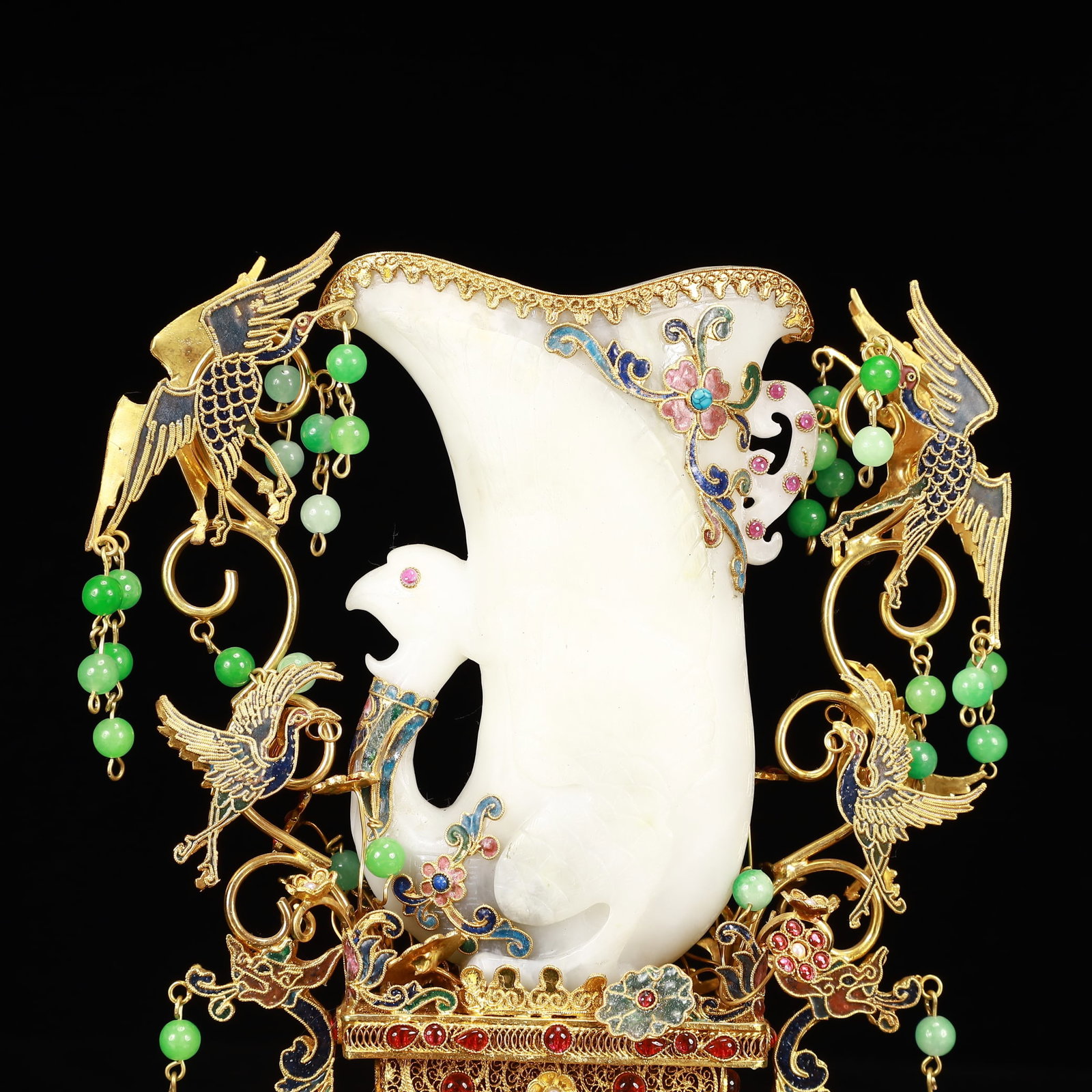 An Exquisite Filigree and Gilding Inlaid White Jade Phoenix Cup,Inlaid Gems - 10