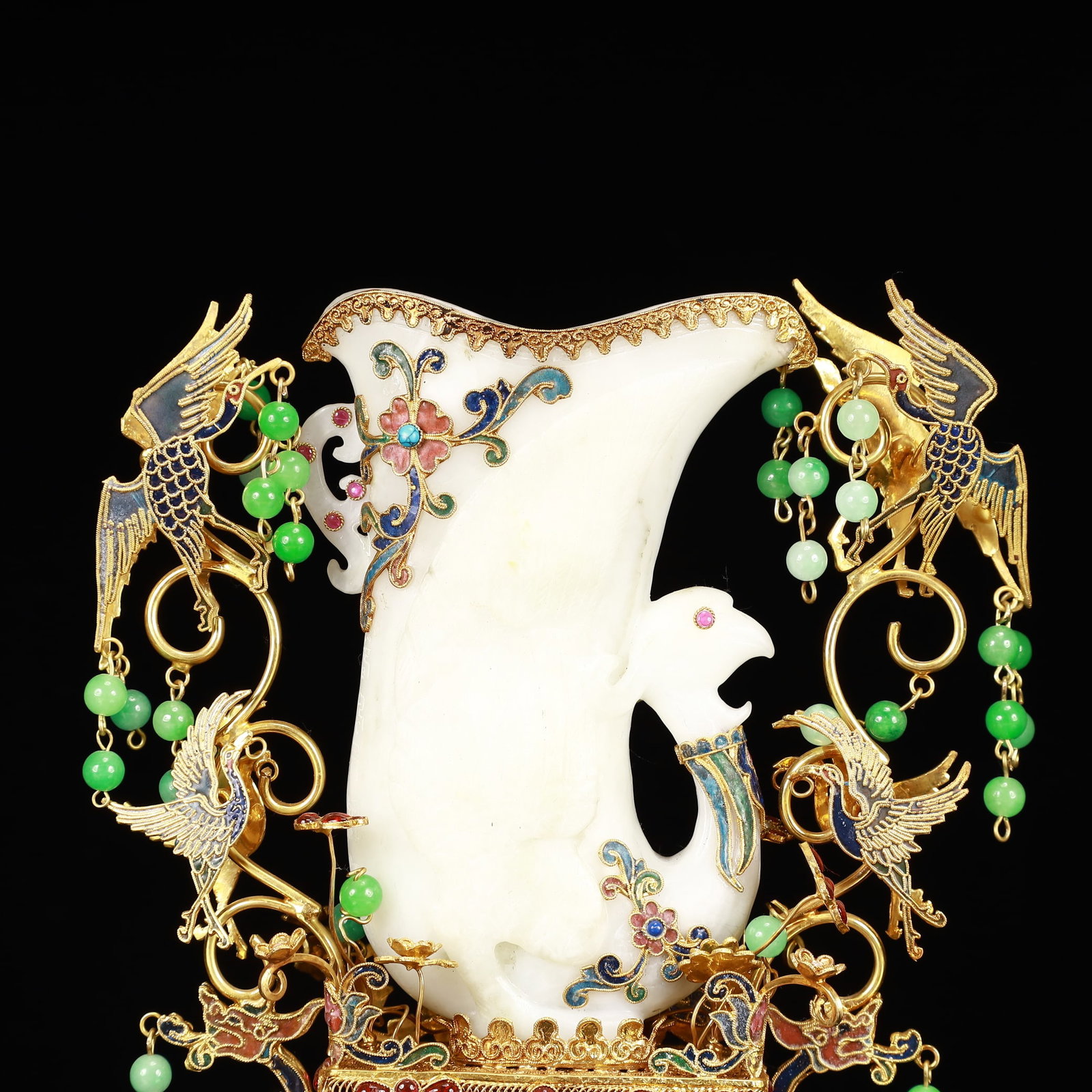 An Exquisite Filigree and Gilding Inlaid White Jade Phoenix Cup,Inlaid Gems - 2