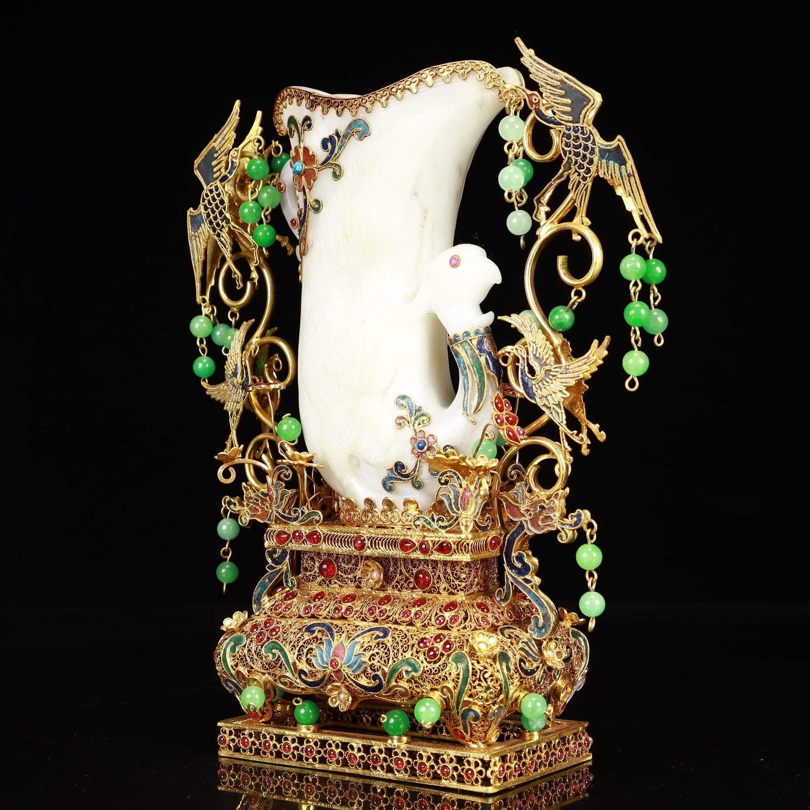 An Exquisite Filigree and Gilding Inlaid White Jade Phoenix Cup,Inlaid Gems - 4