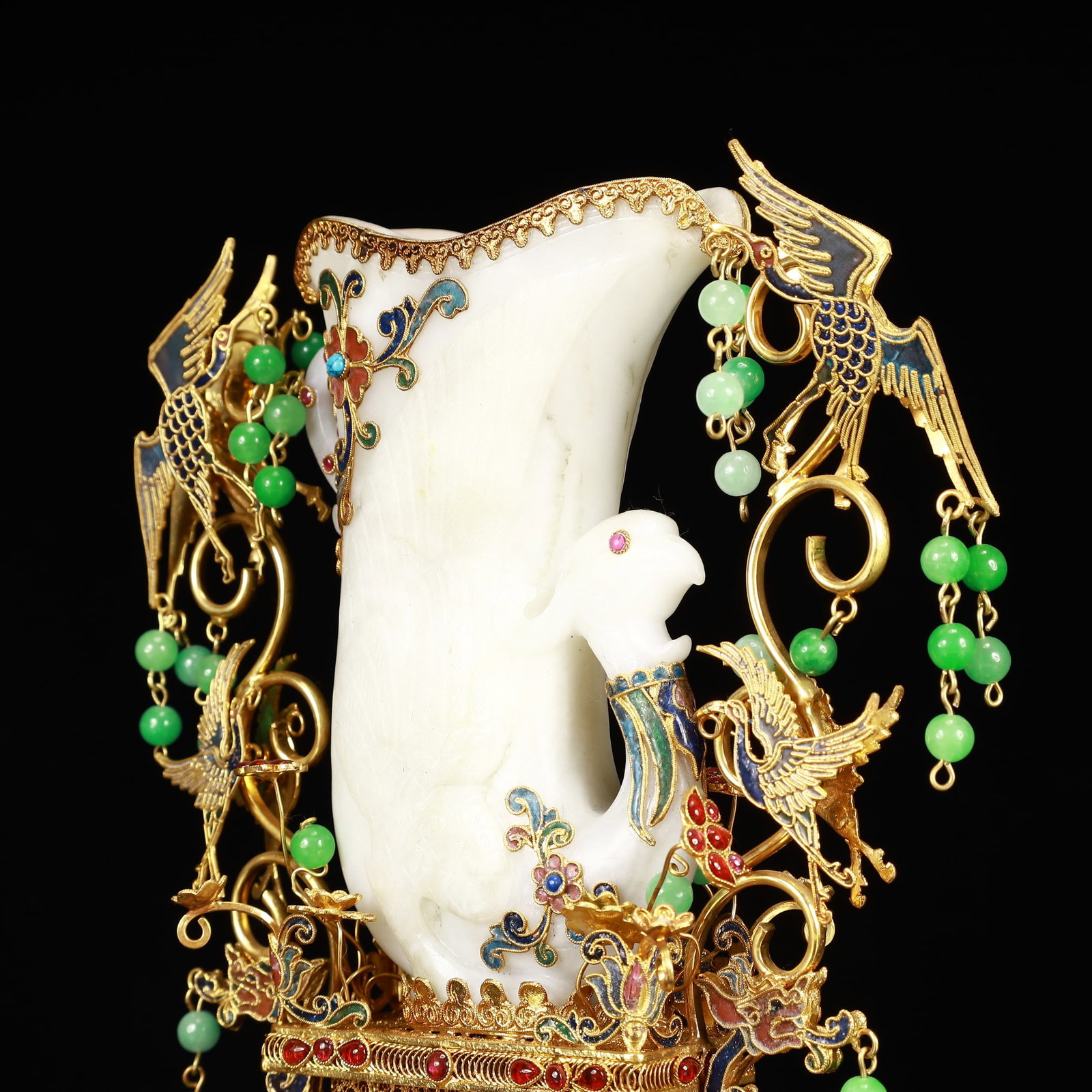 An Exquisite Filigree and Gilding Inlaid White Jade Phoenix Cup,Inlaid Gems - 5