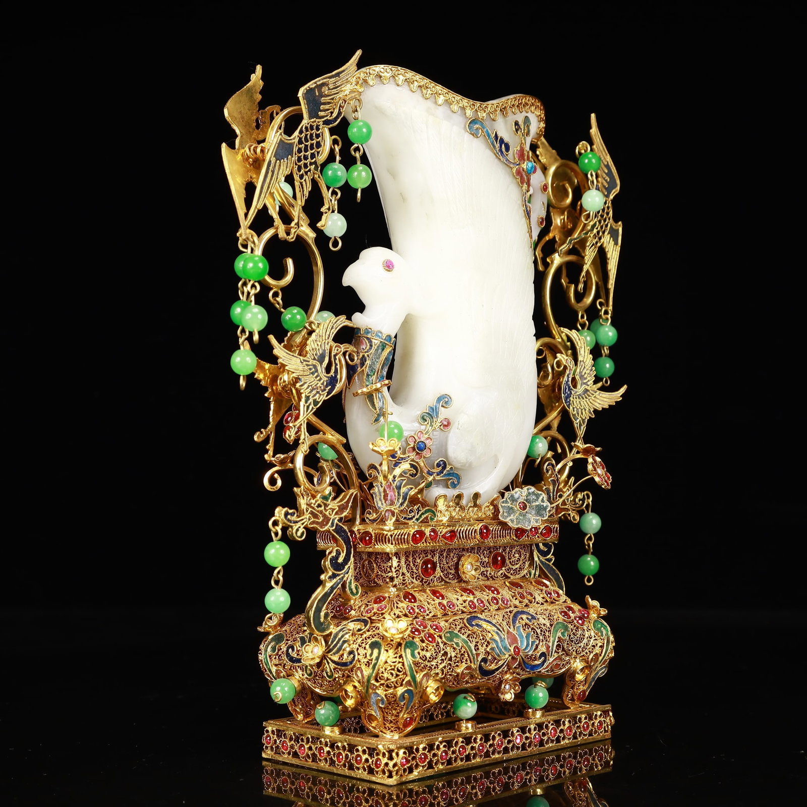 An Exquisite Filigree and Gilding Inlaid White Jade Phoenix Cup,Inlaid Gems - 8