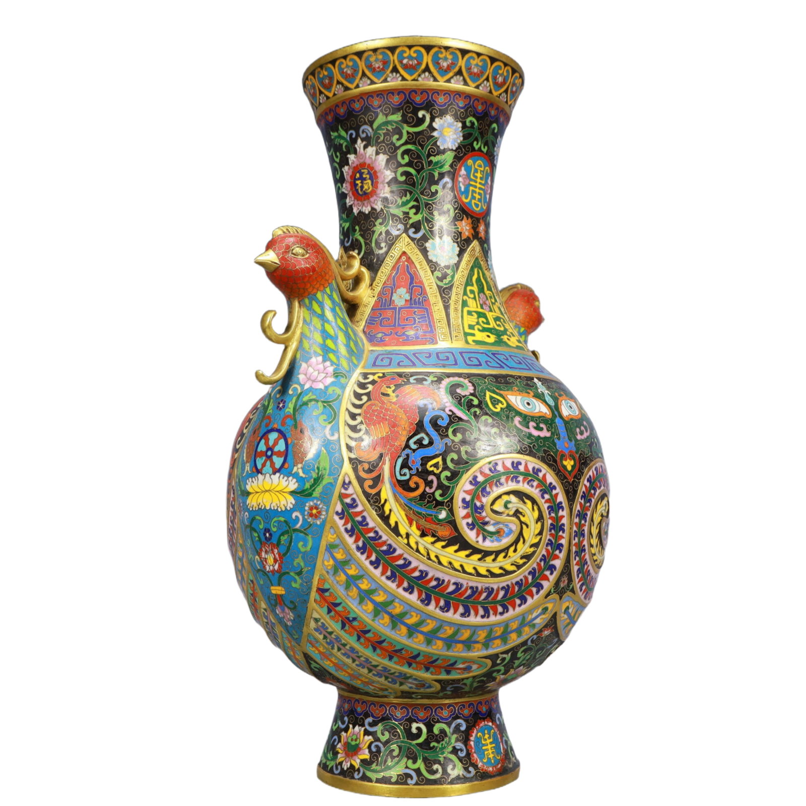 A Pair of Huge Cloisonne Beast-Face Pattern Phoenix-Ears Vase - 11