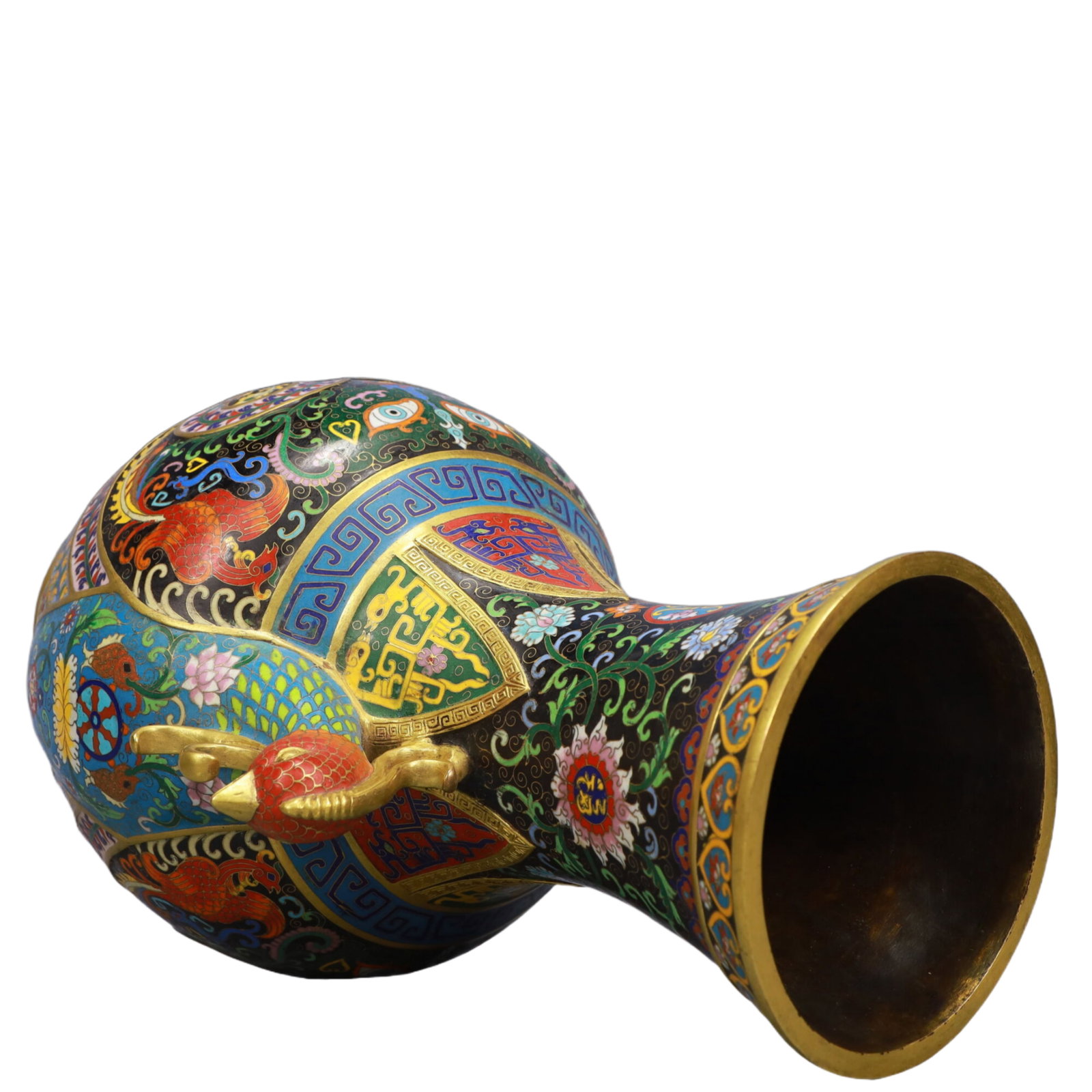 A Pair of Huge Cloisonne Beast-Face Pattern Phoenix-Ears Vase - 12