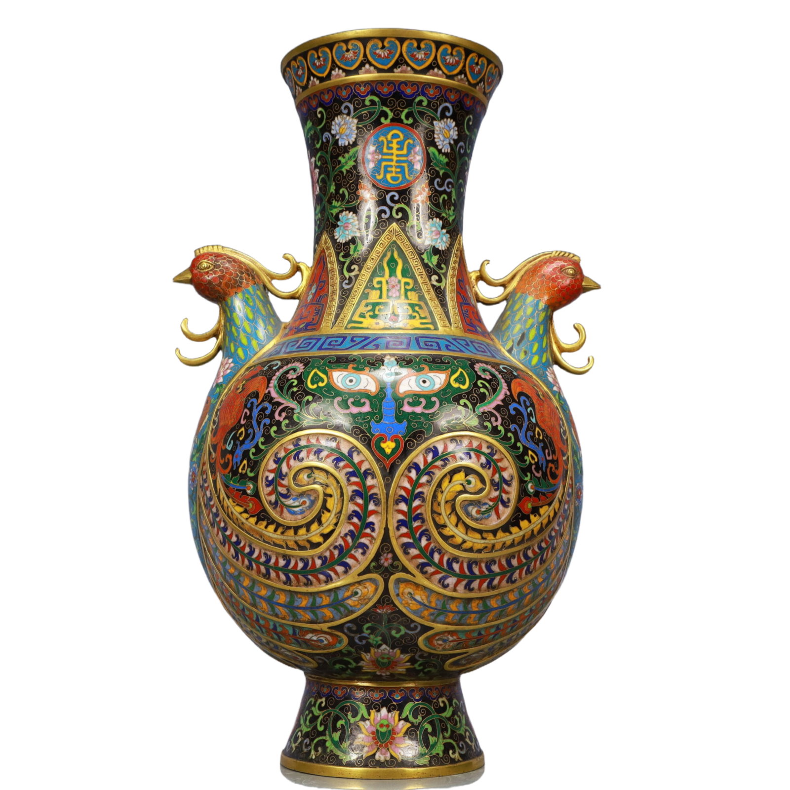 A Pair of Huge Cloisonne Beast-Face Pattern Phoenix-Ears Vase - 14