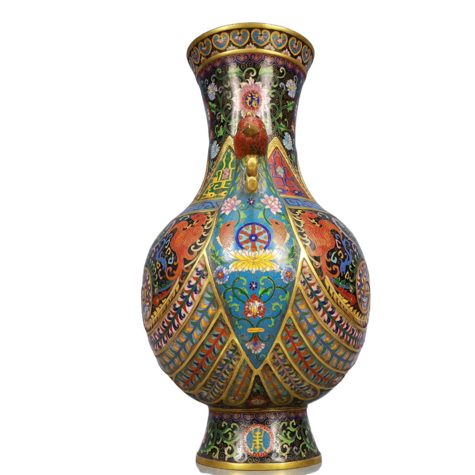 A Pair of Huge Cloisonne Beast-Face Pattern Phoenix-Ears Vase - 16