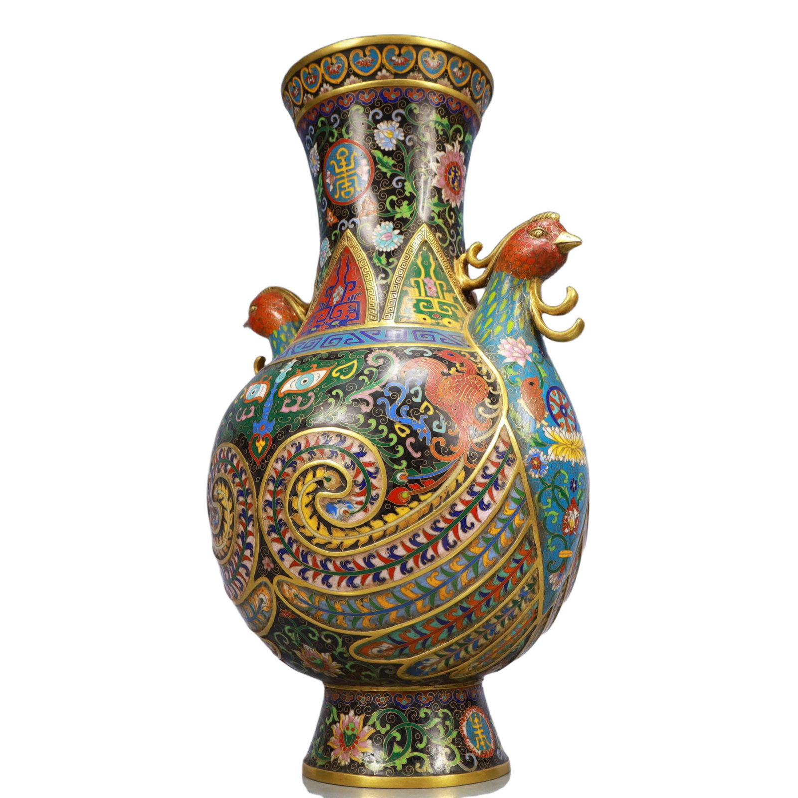 A Pair of Huge Cloisonne Beast-Face Pattern Phoenix-Ears Vase - 17