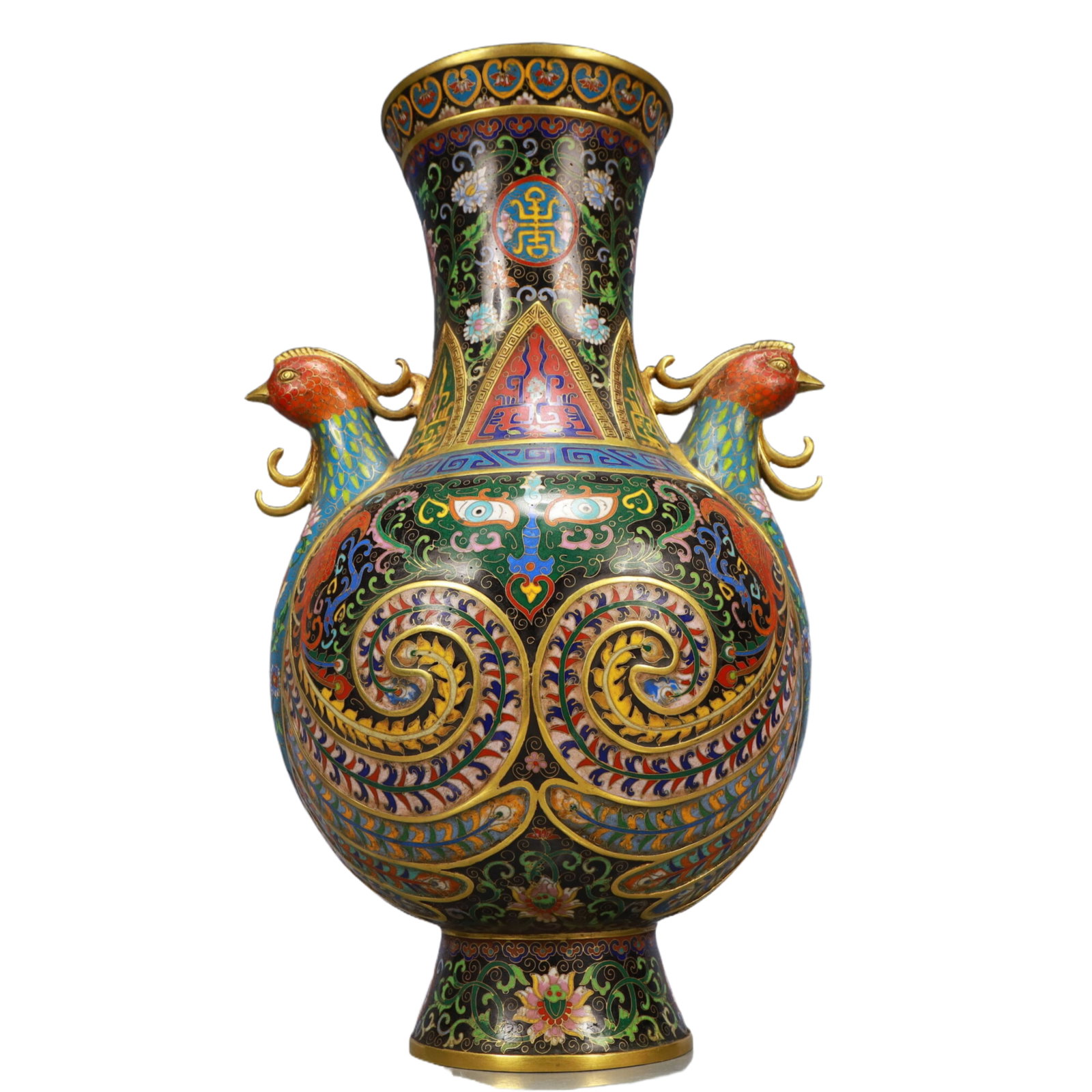 A Pair of Huge Cloisonne Beast-Face Pattern Phoenix-Ears Vase - 18