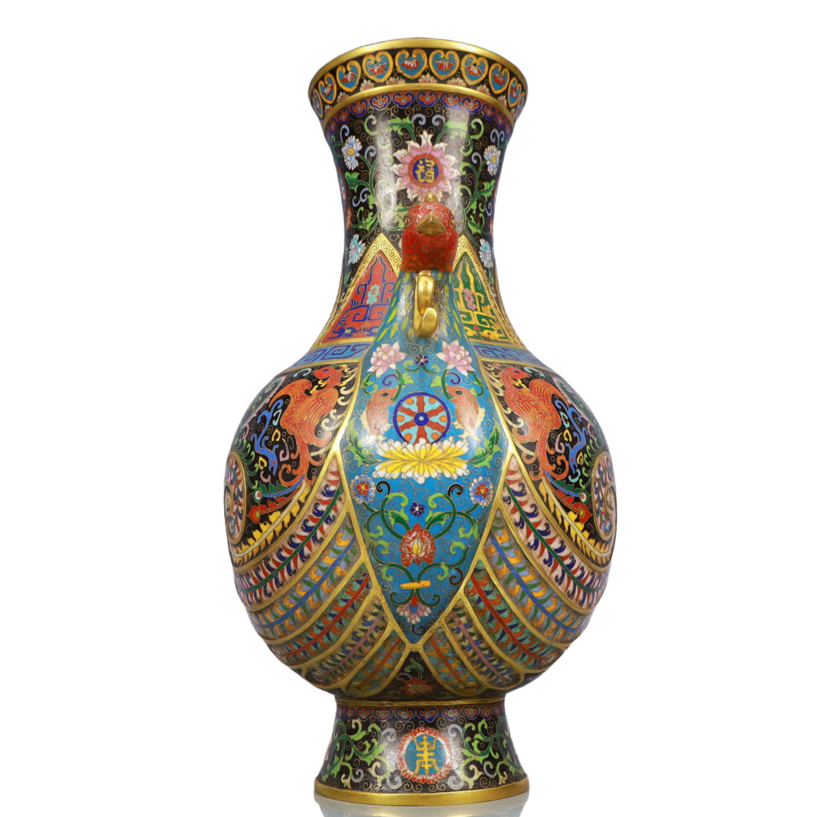 A Pair of Huge Cloisonne Beast-Face Pattern Phoenix-Ears Vase - 19