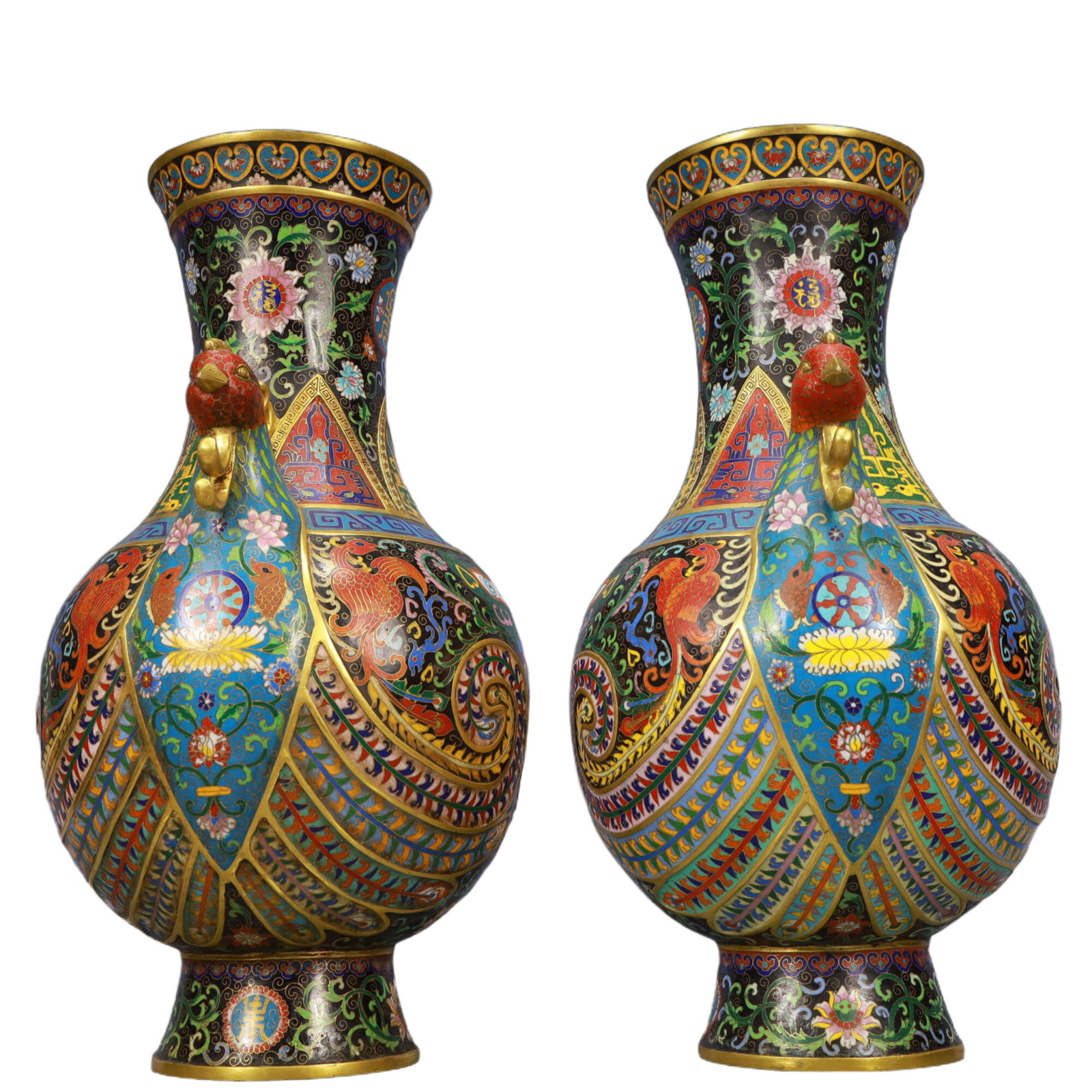 A Pair of Huge Cloisonne Beast-Face Pattern Phoenix-Ears Vase - 2