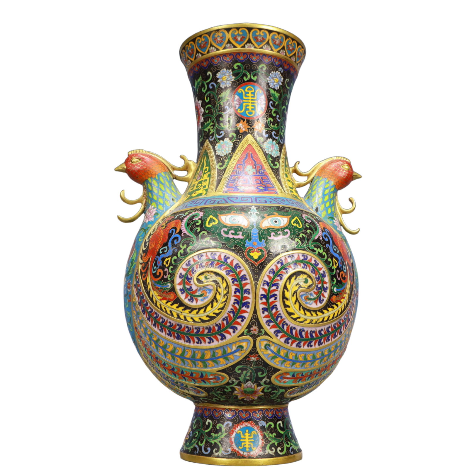 A Pair of Huge Cloisonne Beast-Face Pattern Phoenix-Ears Vase - 3