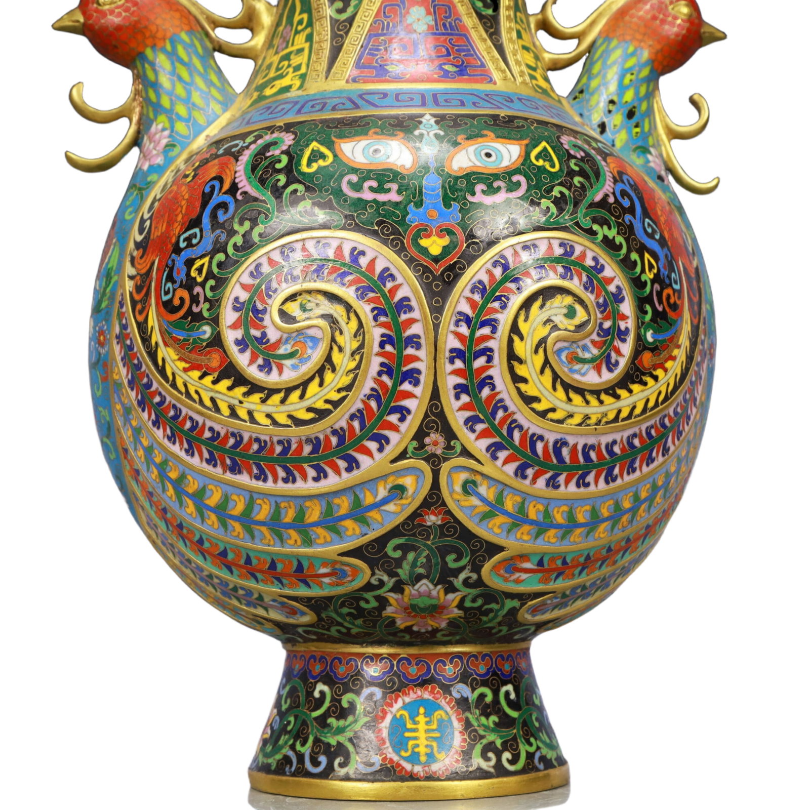 A Pair of Huge Cloisonne Beast-Face Pattern Phoenix-Ears Vase - 5