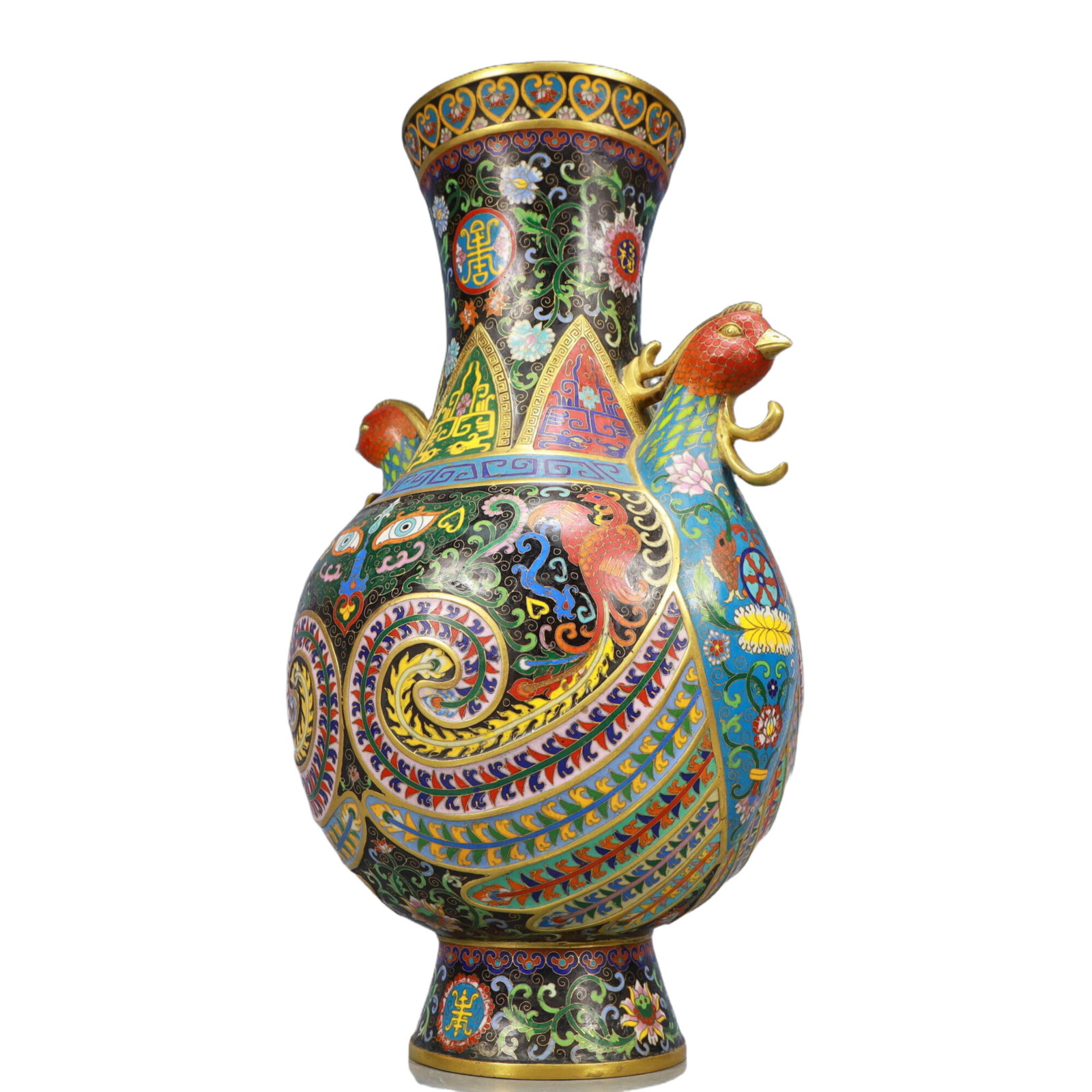 A Pair of Huge Cloisonne Beast-Face Pattern Phoenix-Ears Vase - 7