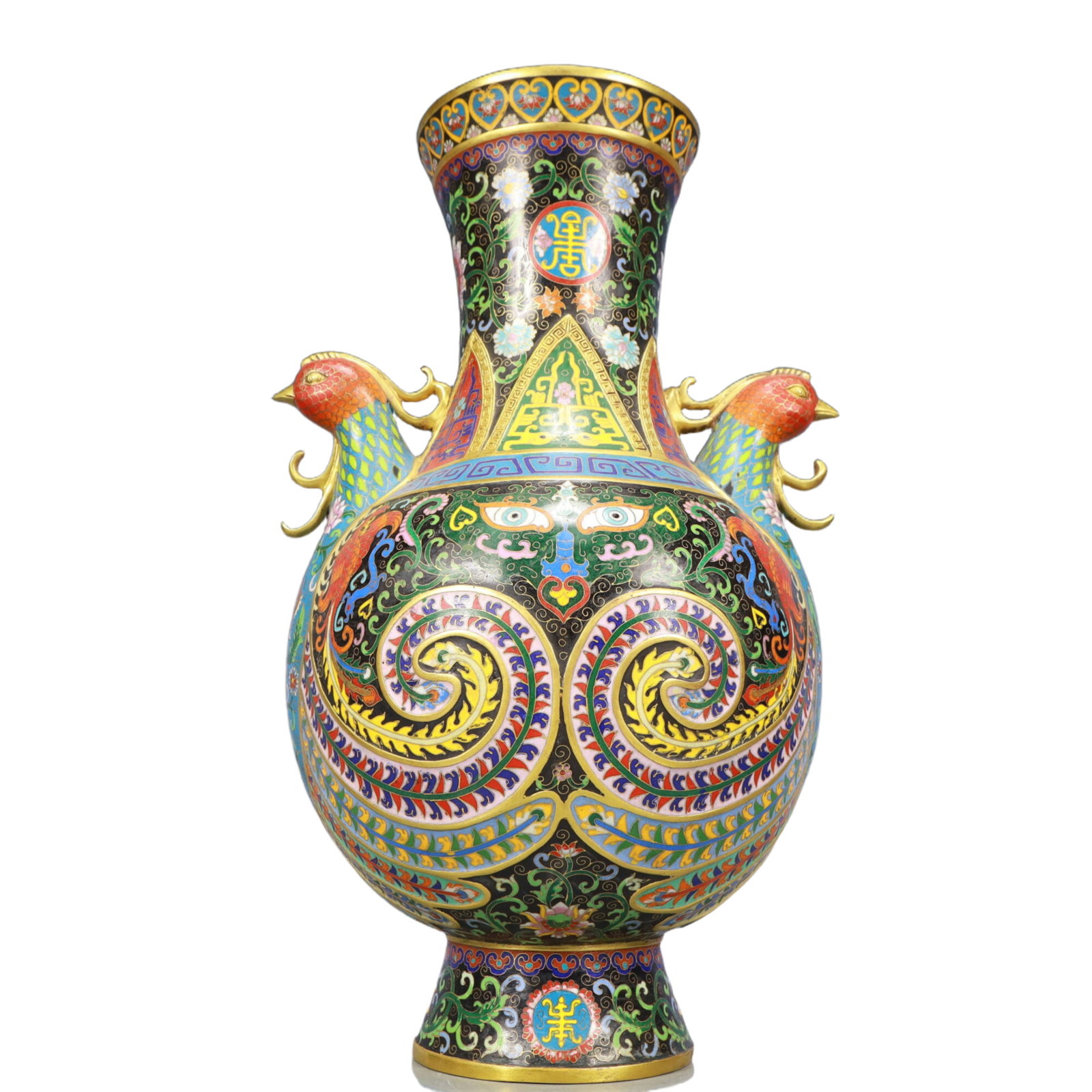 A Pair of Huge Cloisonne Beast-Face Pattern Phoenix-Ears Vase - 9