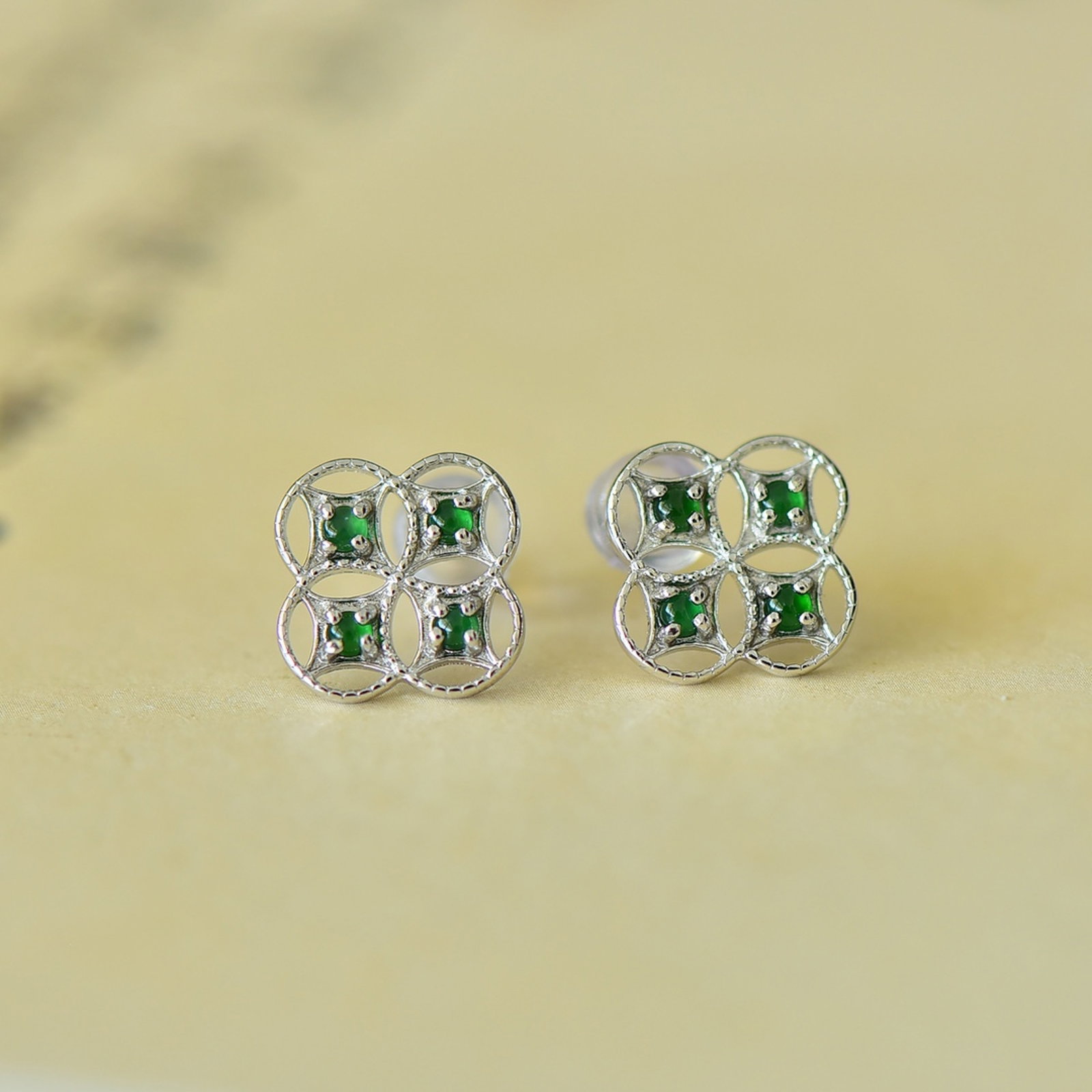 A Pair of Exquisite Sterling Silver Inlaid Jadeite Earrings - 4
